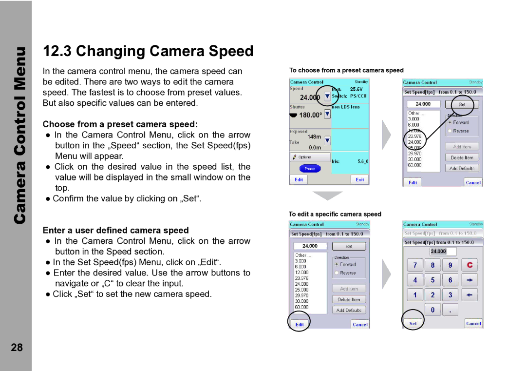 ARRI WRC-2 Camera Control Menu Changing Camera Speed, Choose from a preset camera speed, Enter a user defined camera speed 