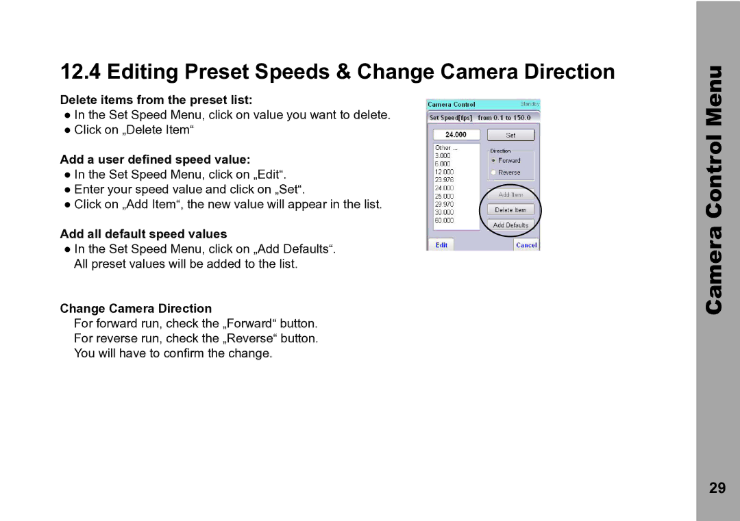 ARRI WRC-2 instruction manual Editing Preset Speeds & Change Camera Direction, Delete items from the preset list 