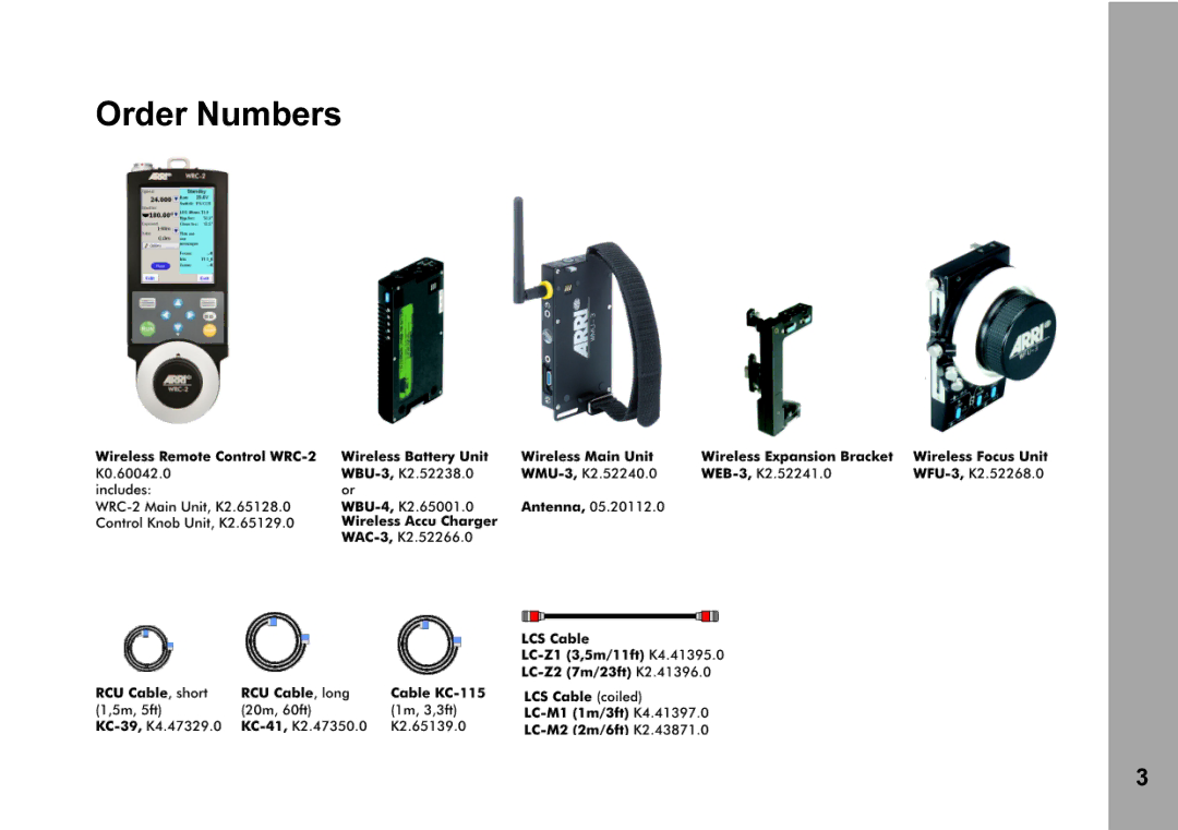 ARRI WRC-2 instruction manual Order Numbers 