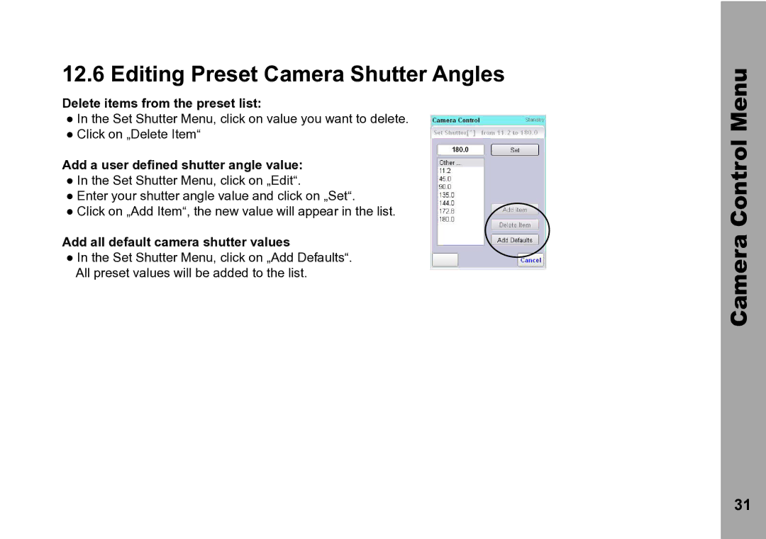 ARRI WRC-2 instruction manual Editing Preset Camera Shutter Angles, Add a user defined shutter angle value 