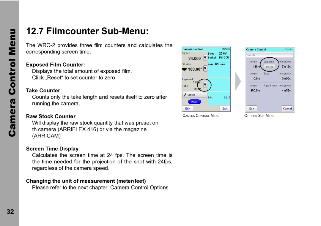 ARRI WRC-2 instruction manual Camera Control Menu Filmcounter Sub-Menu 