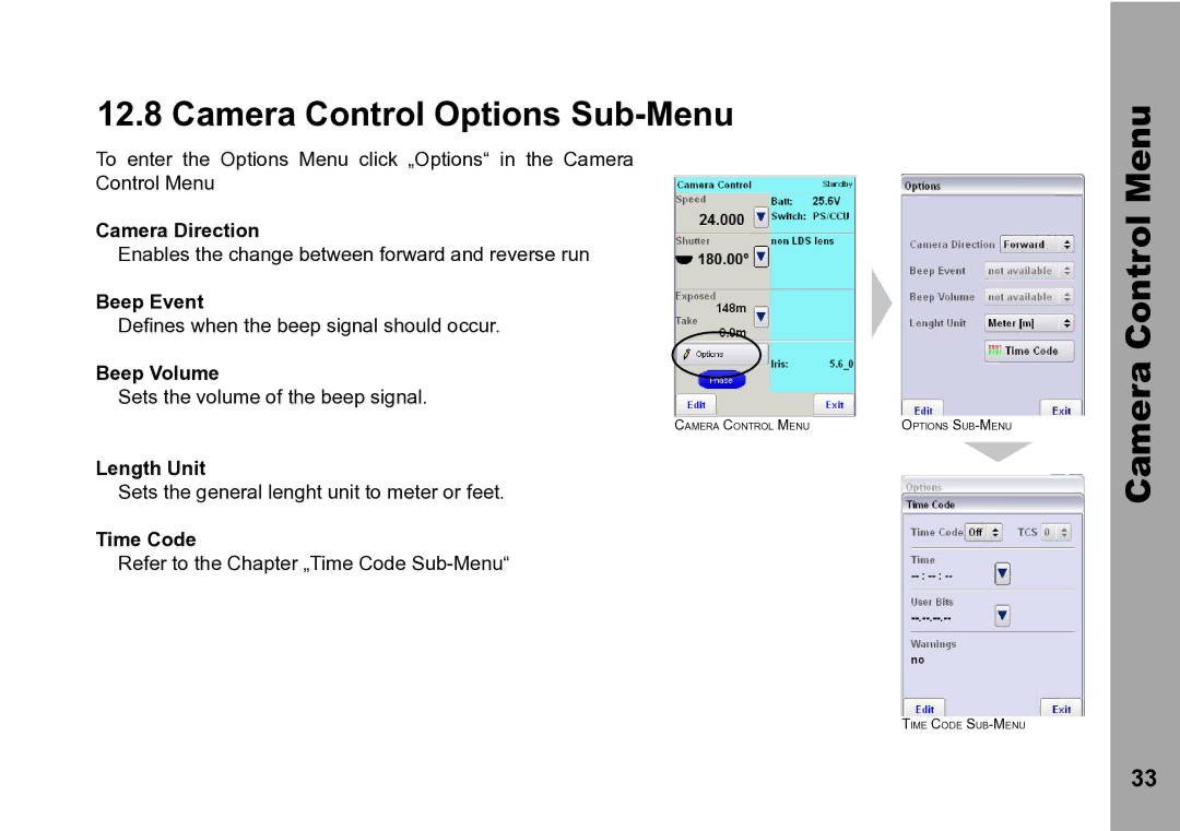 ARRI WRC-2 instruction manual Camera Control Options Sub-Menu 