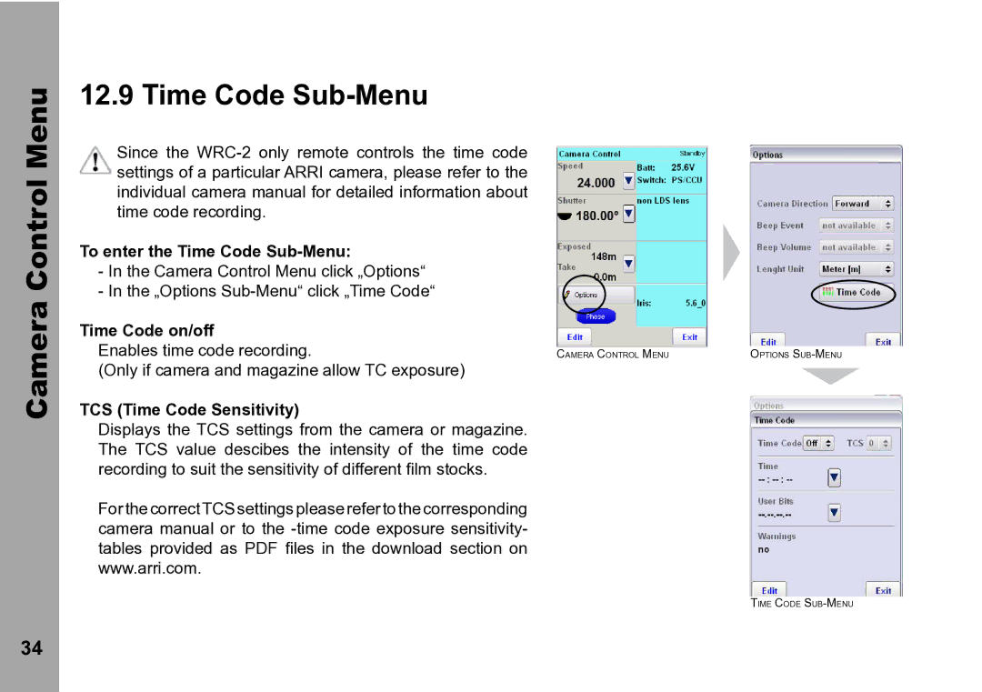 ARRI WRC-2 instruction manual Camera Control Menu Time Code Sub-Menu, To enter the Time Code Sub-Menu, Time Code on/off 