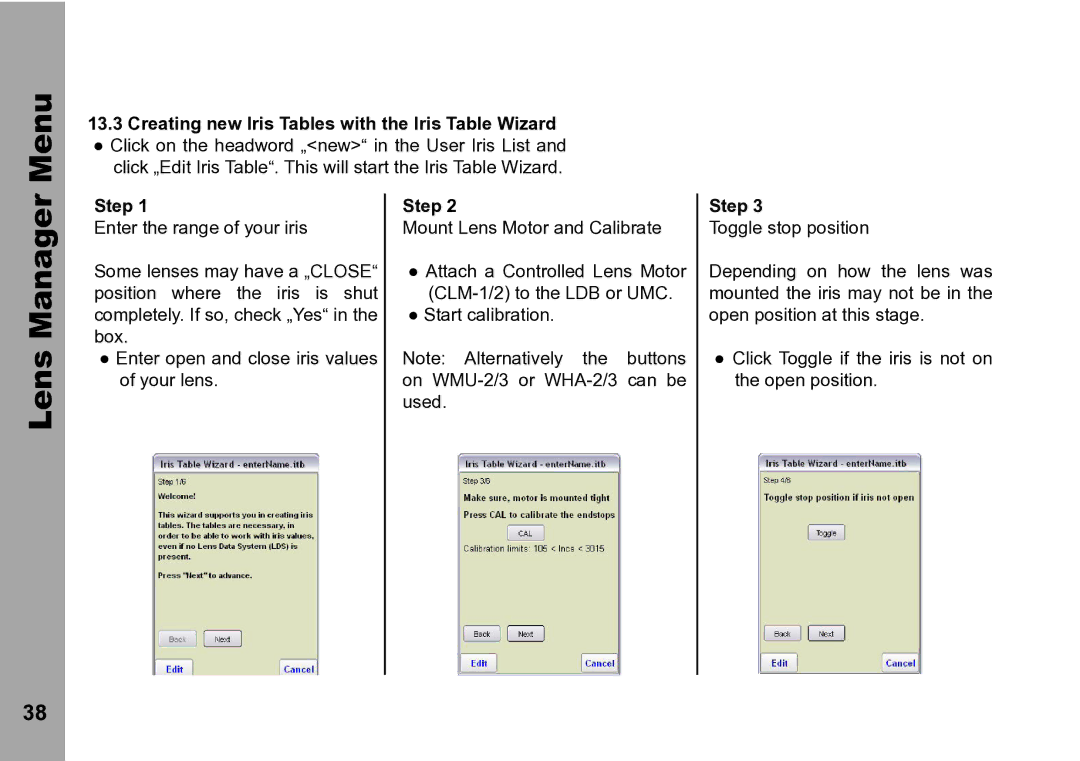 ARRI WRC-2 instruction manual Menu, Lens Manager, Creating new Iris Tables with the Iris Table Wizard, Step 