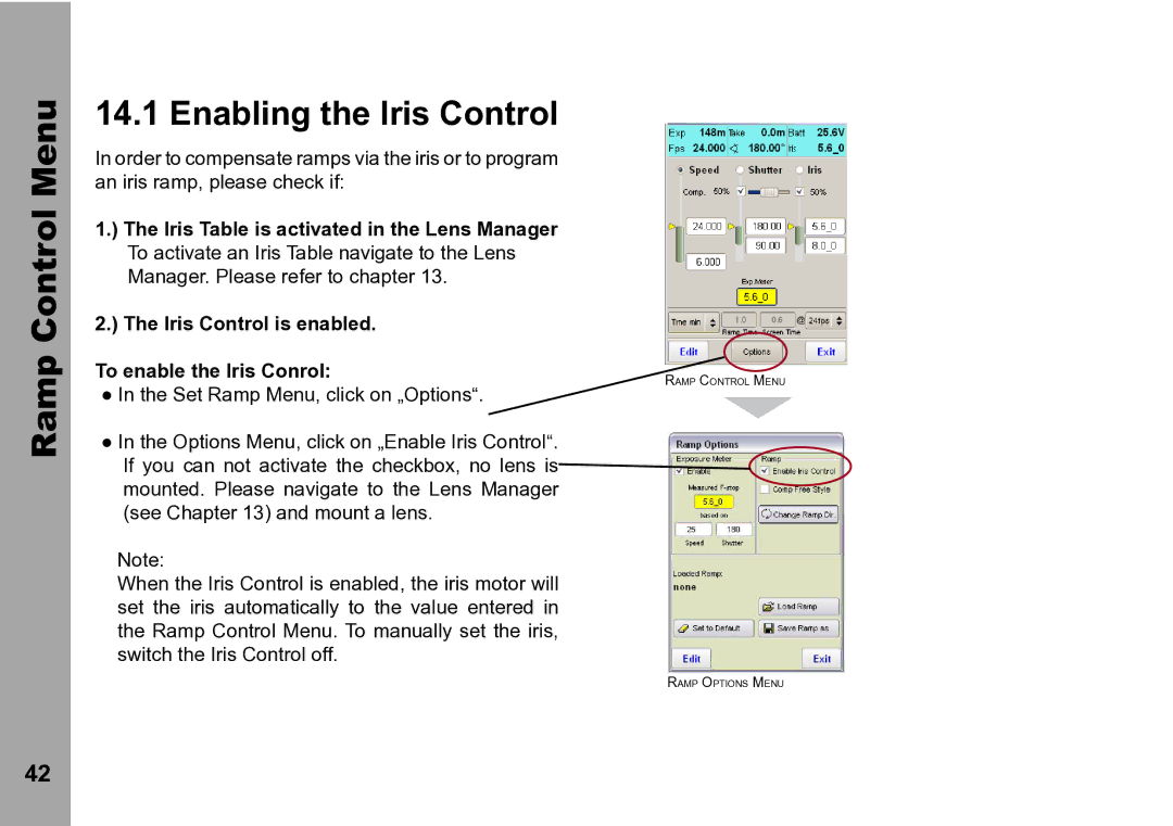 ARRI WRC-2 instruction manual Ramp Control Menu Enabling the Iris Control 