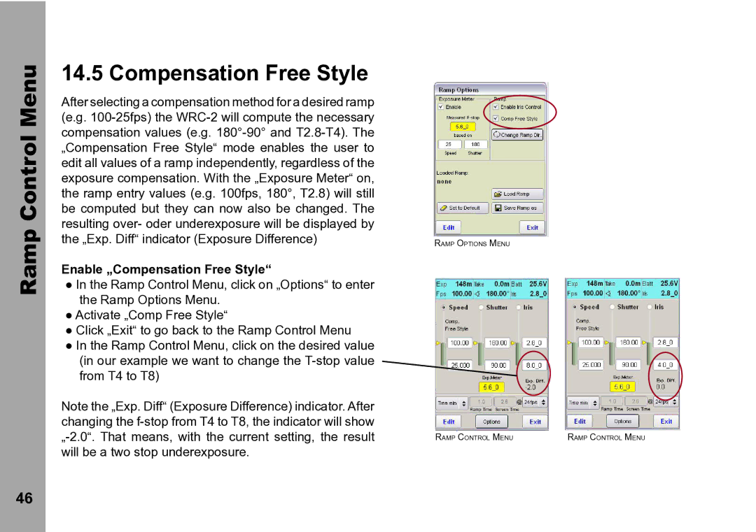 ARRI WRC-2 instruction manual Ramp Control Menu Compensation Free Style, Enable „Compensation Free Style 