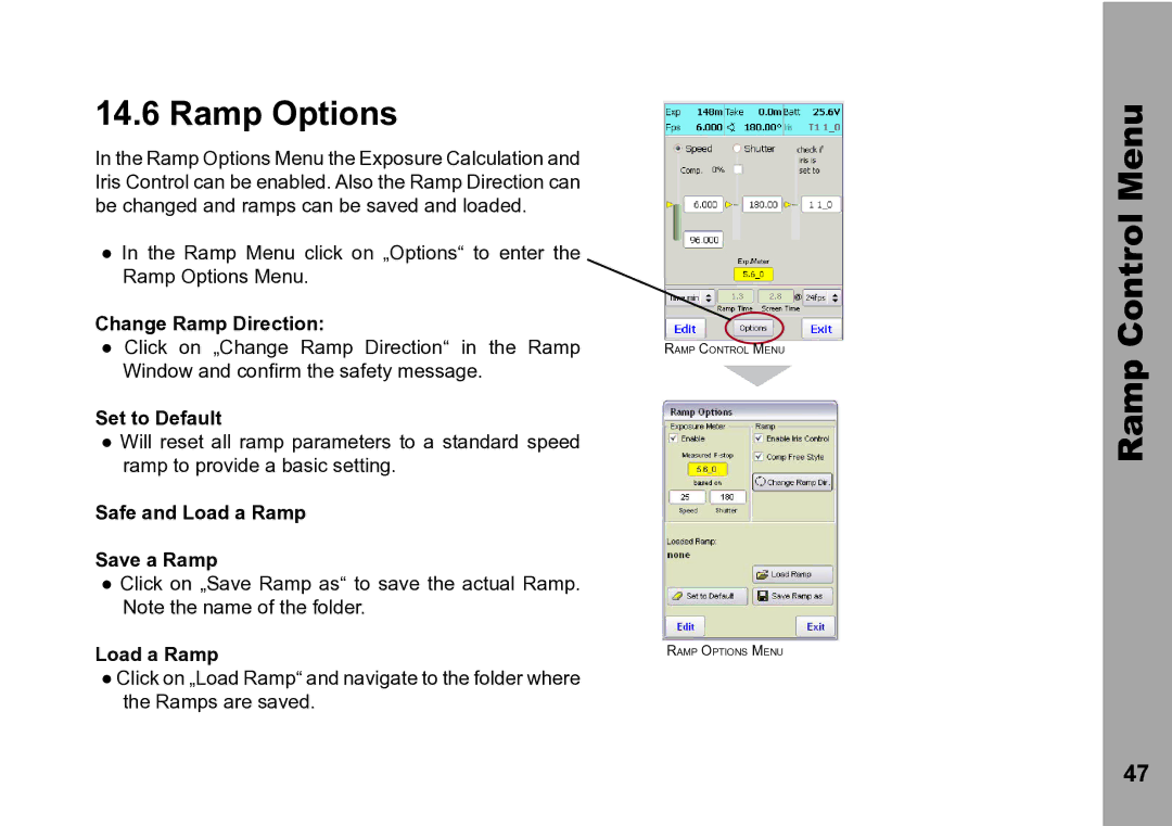 ARRI WRC-2 instruction manual Ramp Options, Change Ramp Direction, Set to Default, Safe and Load a Ramp Save a Ramp 