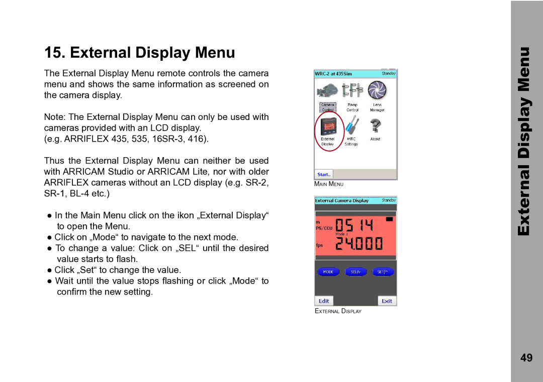 ARRI WRC-2 instruction manual External Display Menu 