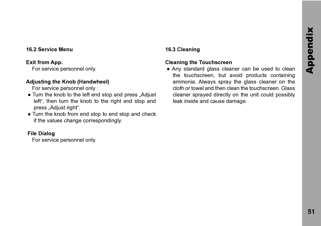 ARRI WRC-2 Service Menu Exit from App, Adjusting the Knob Handwheel, File Dialog, Cleaning Cleaning the Touchscreen 