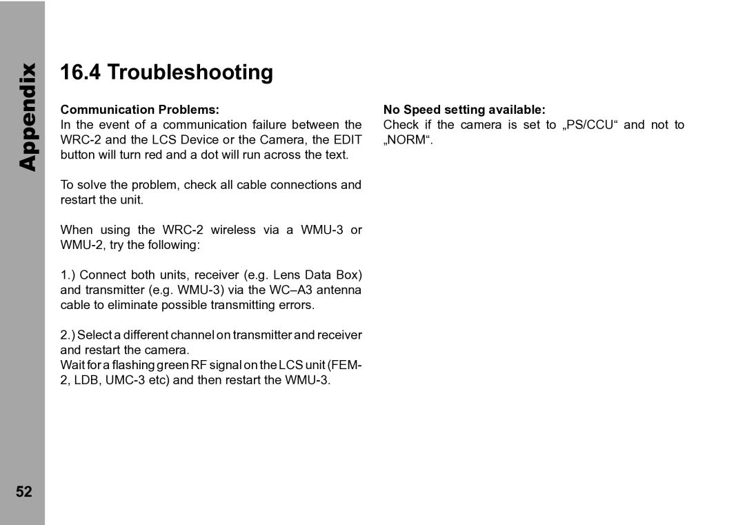 ARRI WRC-2 instruction manual Appendix Troubleshooting, Communication Problems, No Speed setting available 