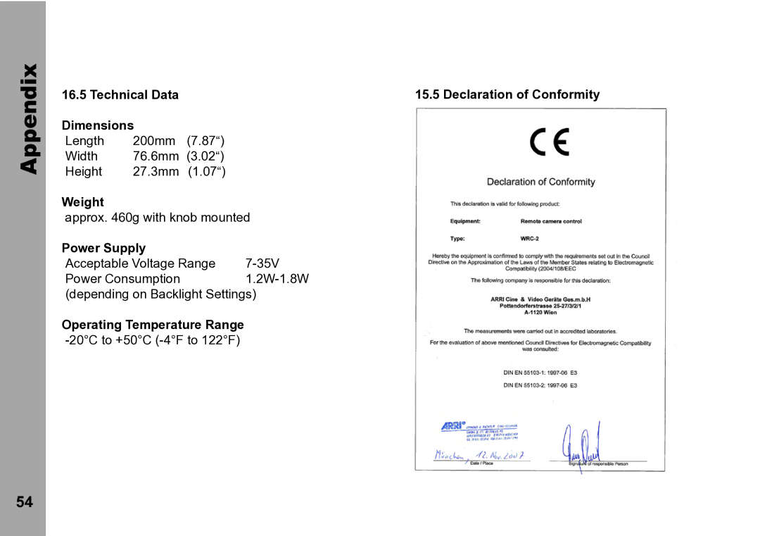 ARRI WRC-2 Technical Data Dimensions, Weight, Power Supply, Operating Temperature Range, Declaration of Conformity 