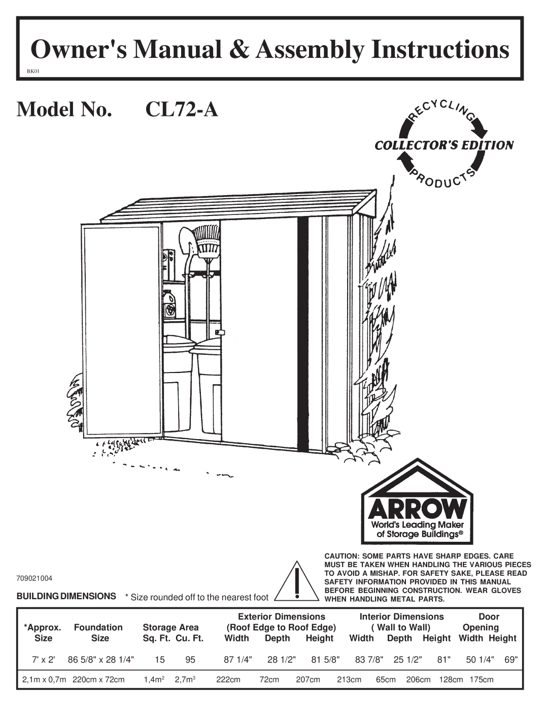 Arrow Plastic owner manual Model No. CL72-A 