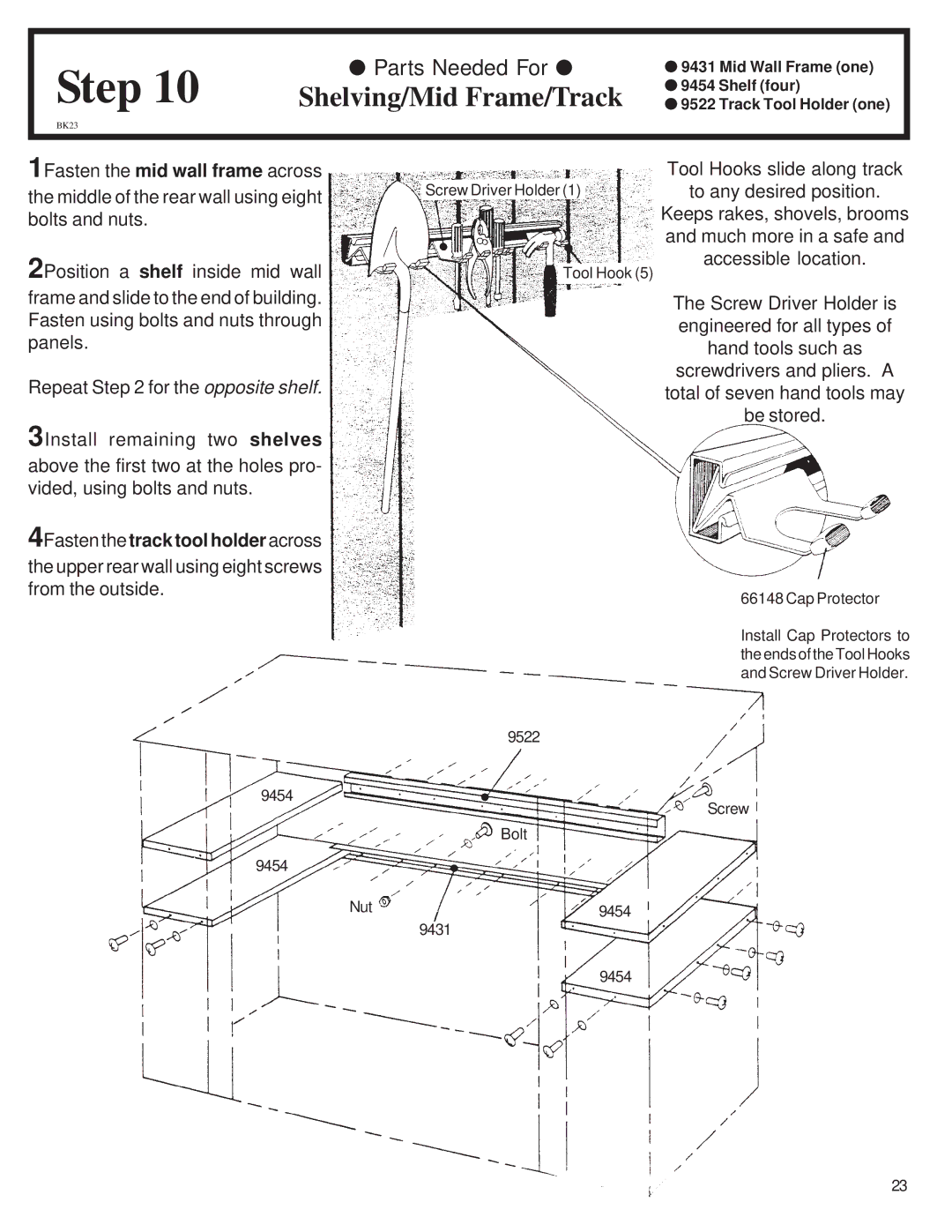 Arrow Plastic CL72-A owner manual Shelving/Mid Frame/Track, 4Fasten the track tool holder across 