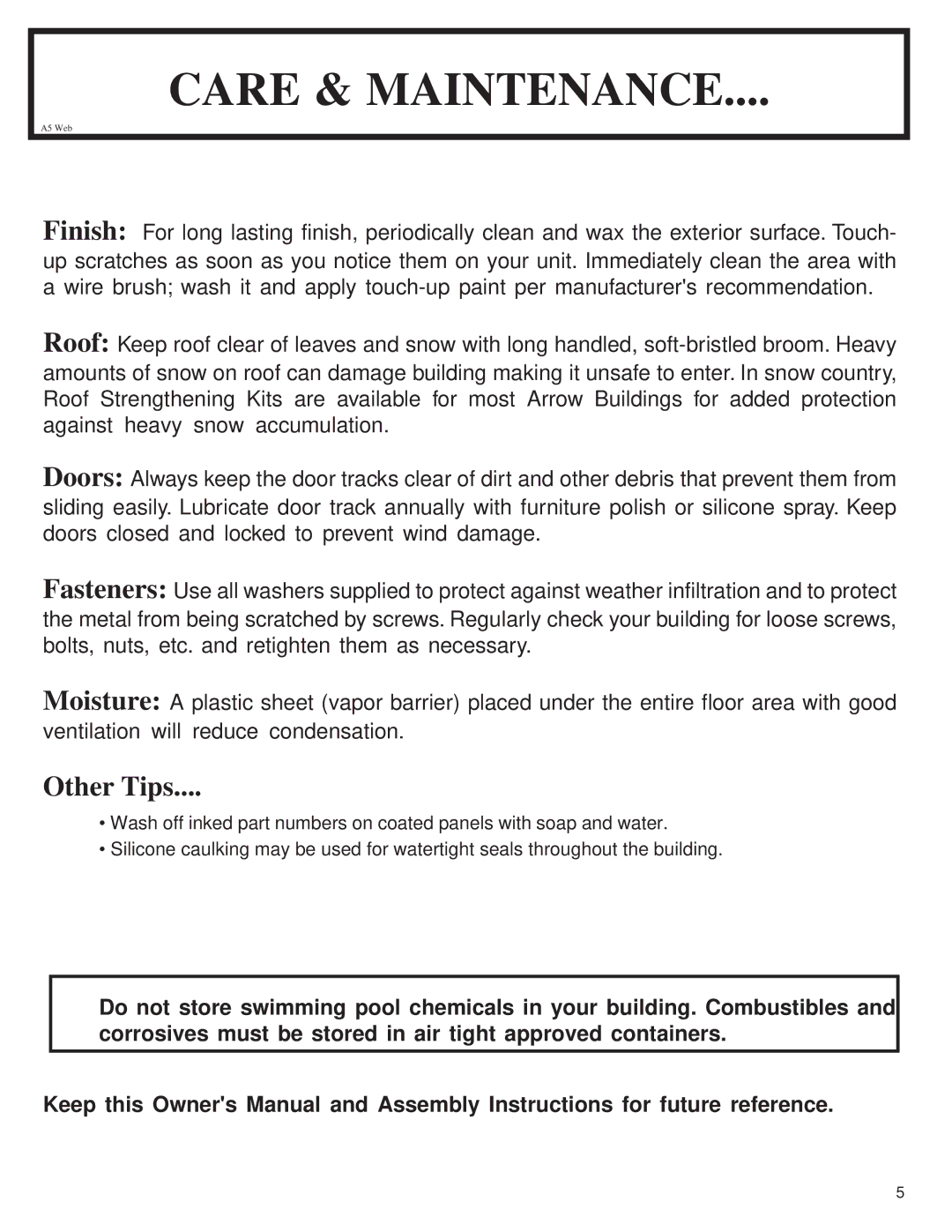 Arrow Plastic CL72-A owner manual Care & Maintenance, Other Tips 