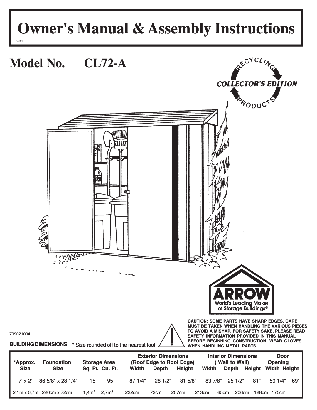Arrow Plastic owner manual Model No. CL72-A, Exterior Dimensions, Interior Dimensions, Door, Approx, Foundation, Size 