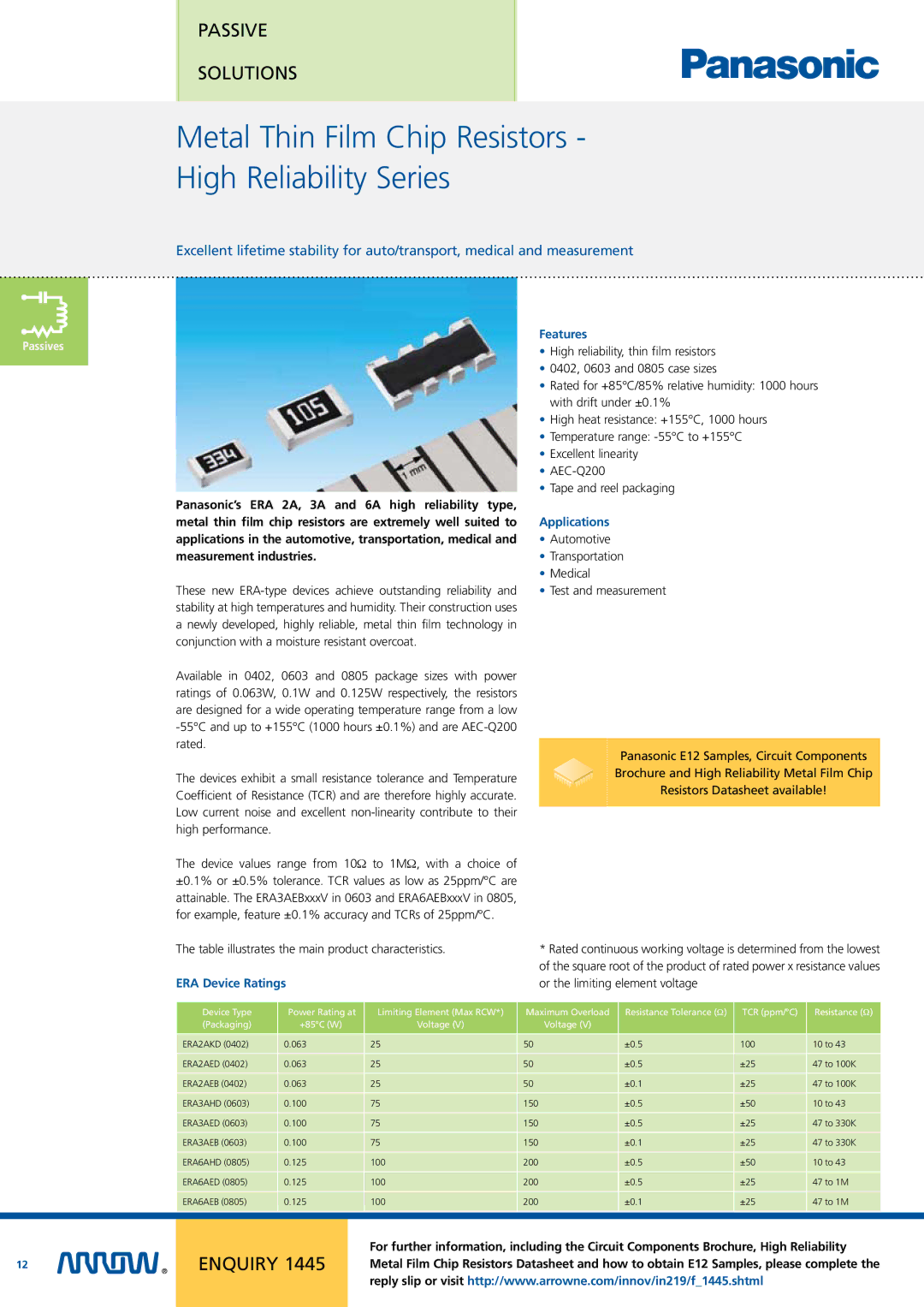 Arrow Plastic Network Card manual Metal Thin Film Chip Resistors High Reliability Series, ERA Device Ratings Features 