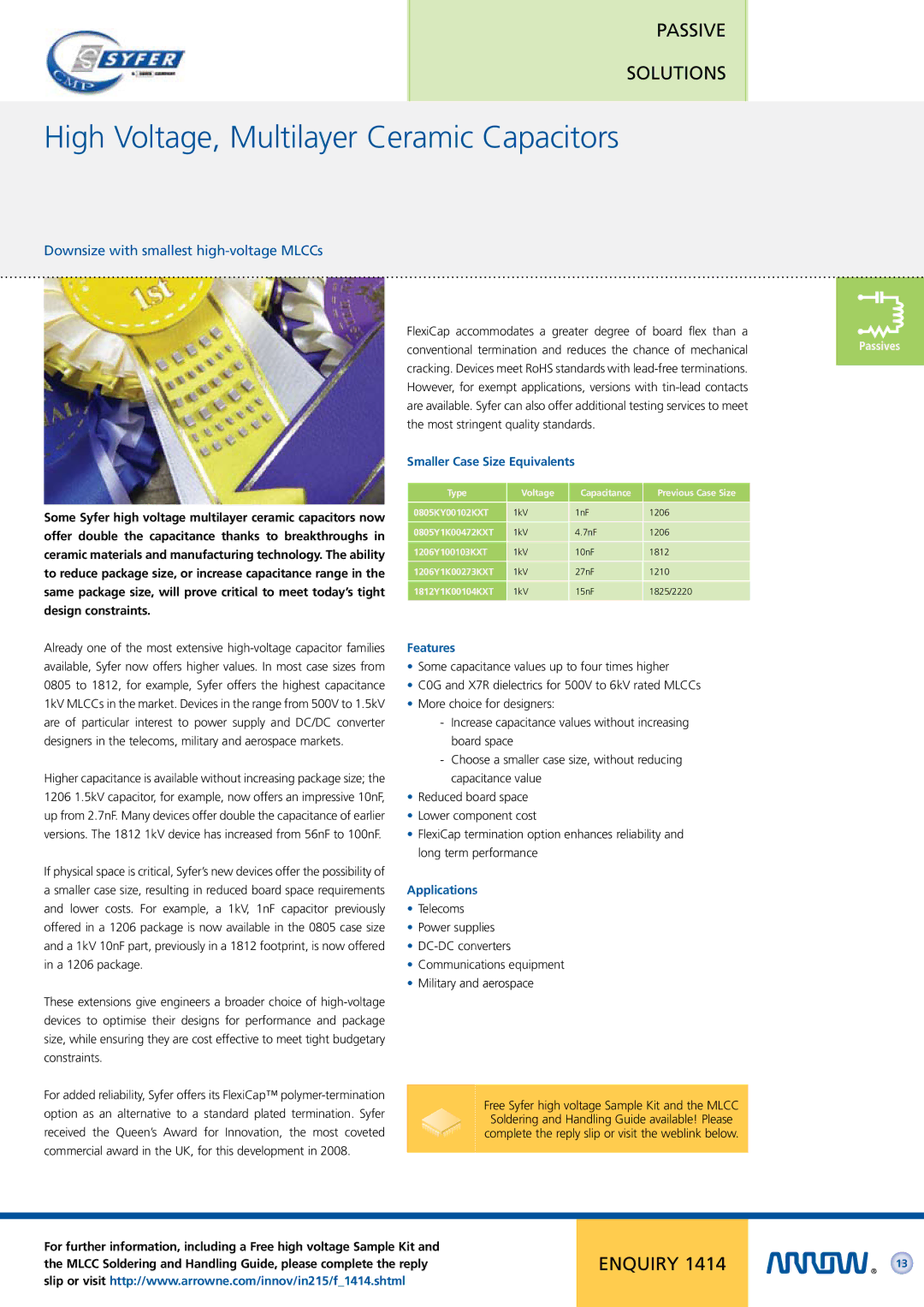 Arrow Plastic Network Card manual High Voltage, Multilayer Ceramic Capacitors, Downsize with smallest high-voltage MLCCs 