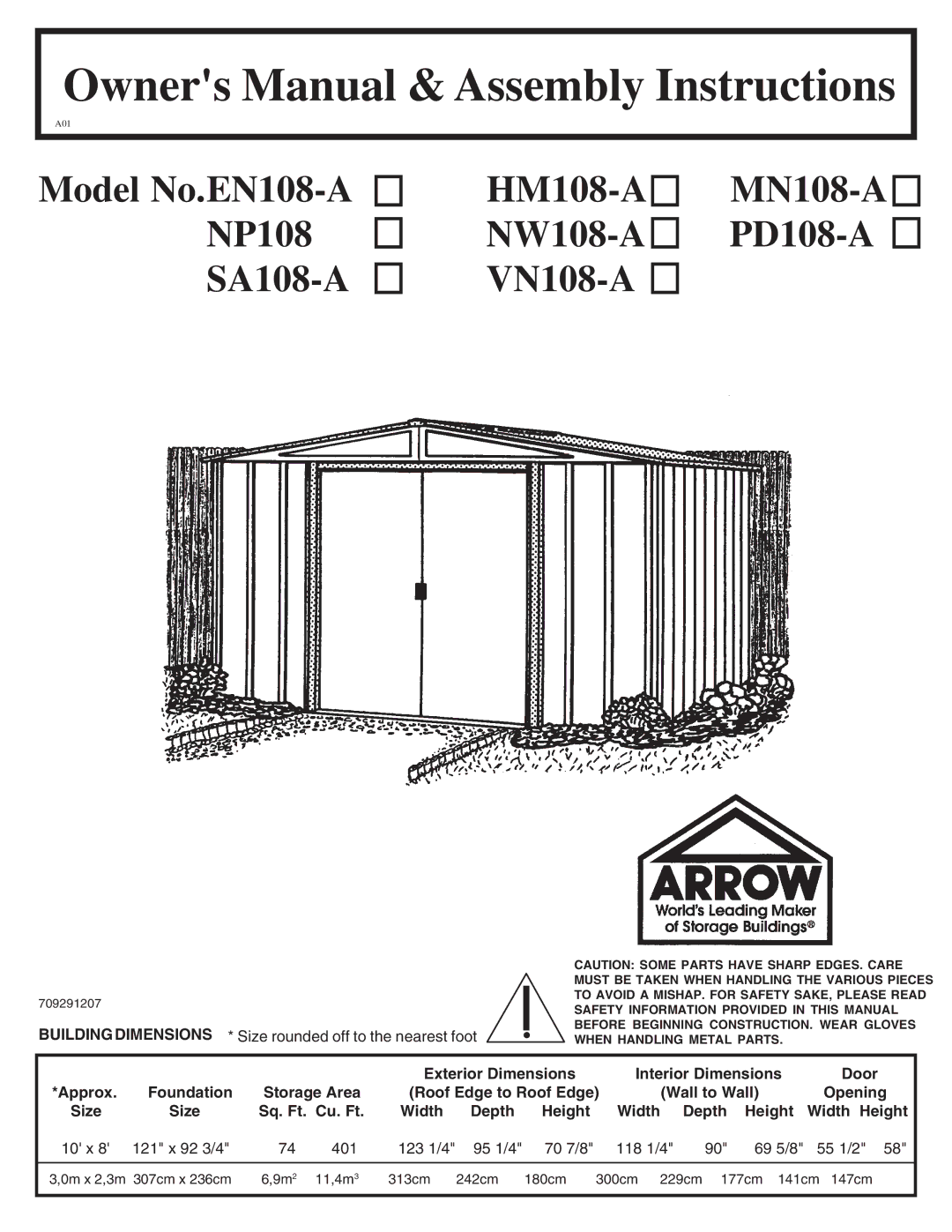 Arrow Plastic NW108-A, SA108-A, PD108-A, EN108-A, HM108-A, NP108, MN108-A, VN108-A owner manual Roof Edge to Roof Edge 