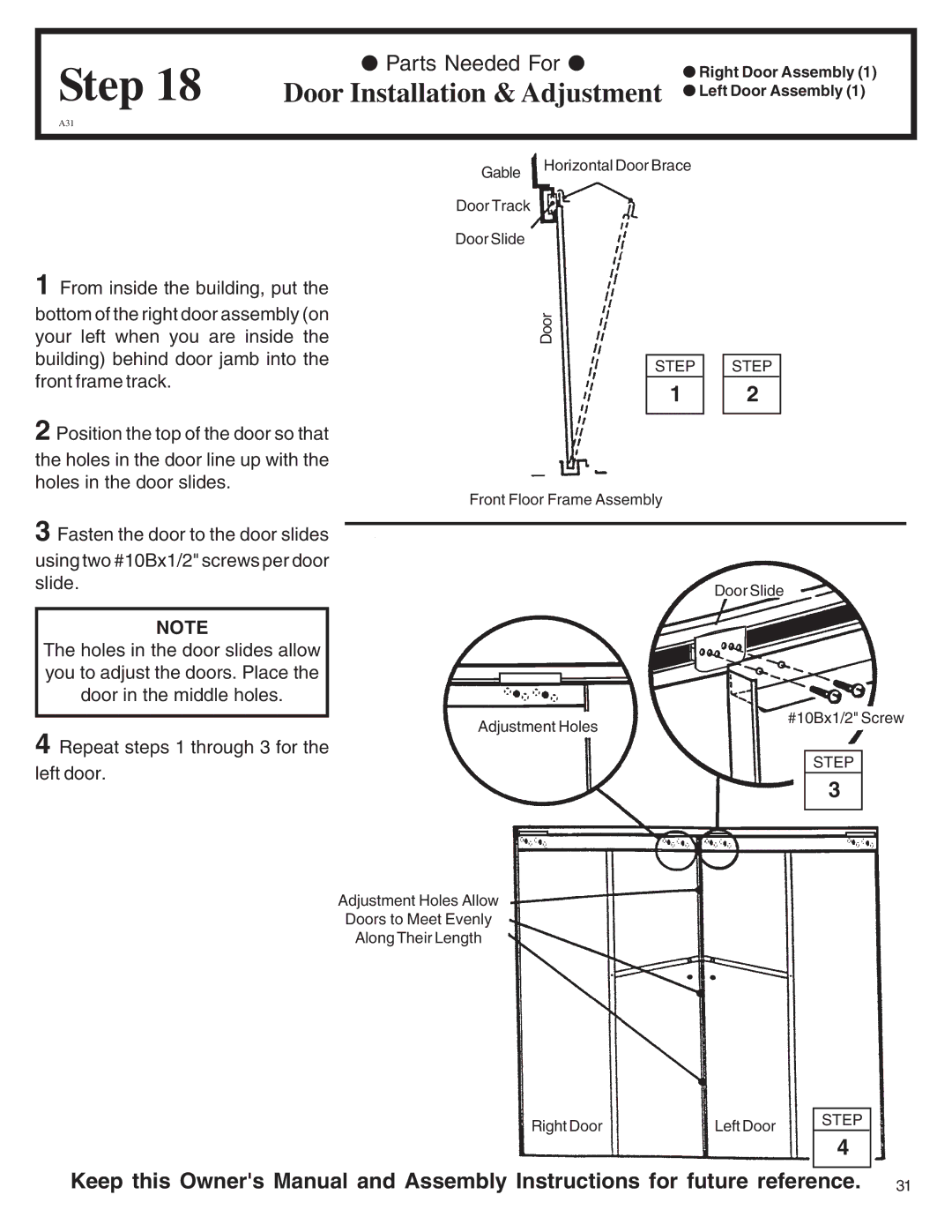 Arrow Plastic VN108-A, SA108-A, NW108-A, PD108-A Door Installation & Adjustment, Repeat steps 1 through 3 for Left door 