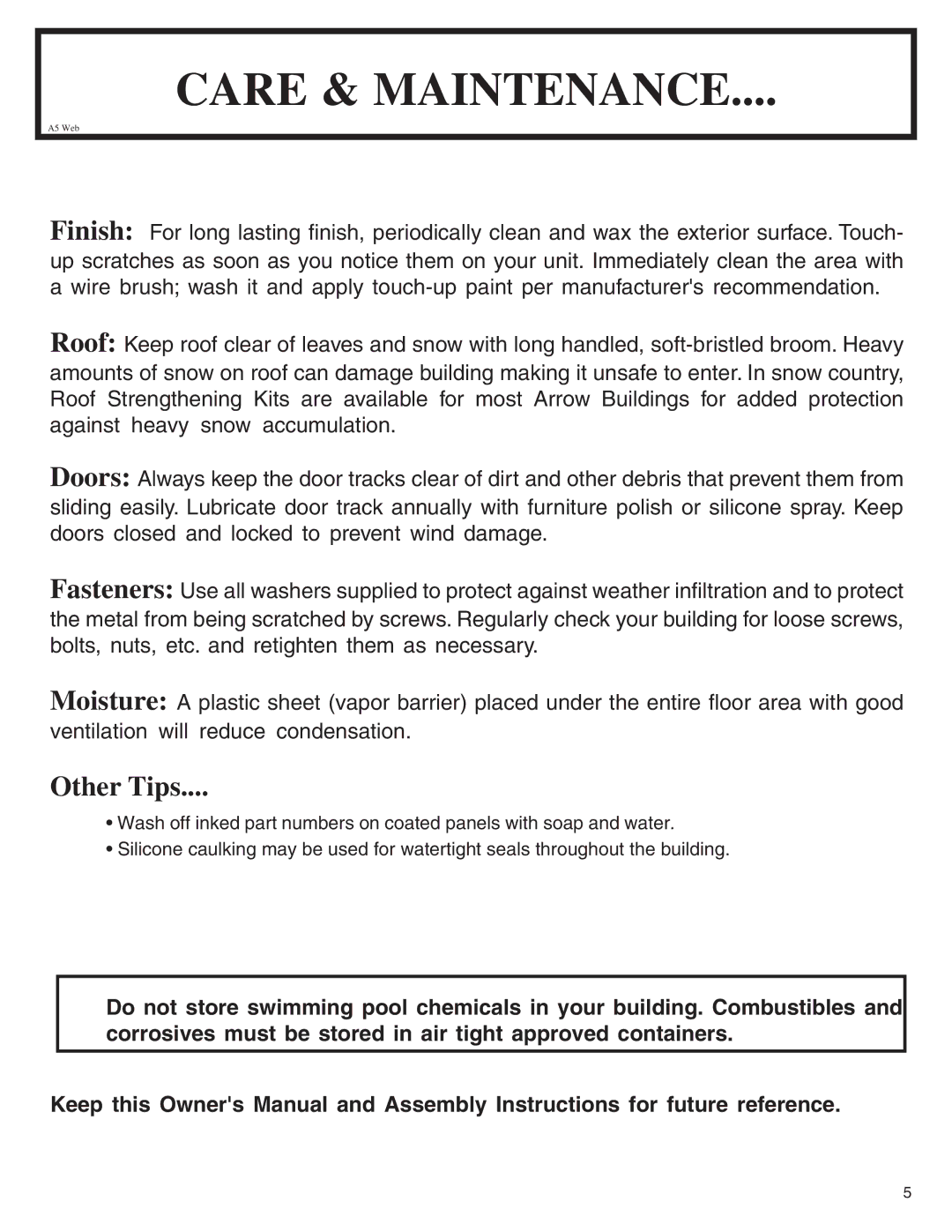 Arrow Plastic NP108, SA108-A, NW108-A, PD108-A, EN108-A, HM108-A, MN108-A, VN108-A owner manual Care & Maintenance, Other Tips 