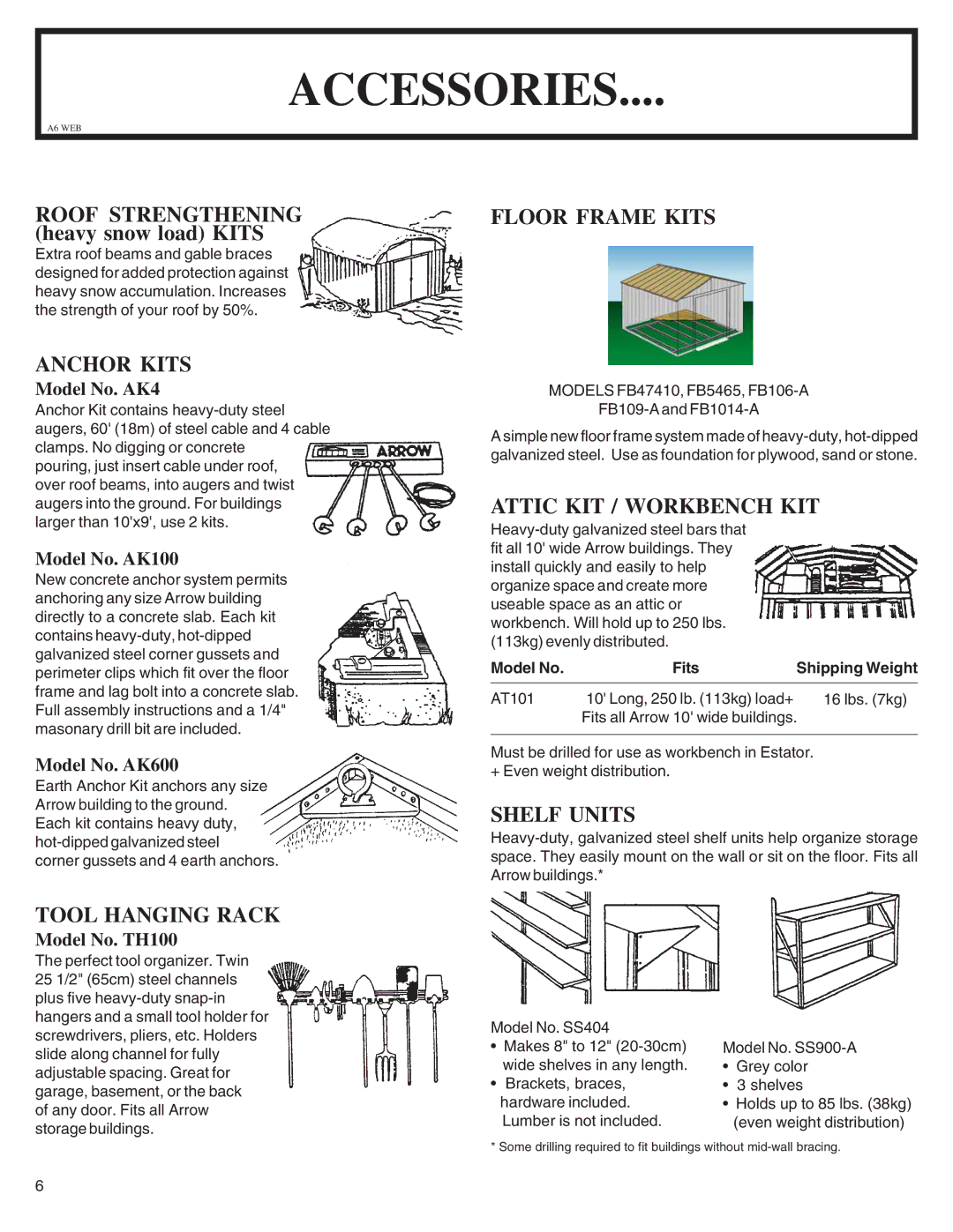 Arrow Plastic MN108-A, SA108-A, NW108-A, PD108-A, EN108-A, HM108-A, NP108 Accessories, Roof Strengthening heavy snow load Kits 