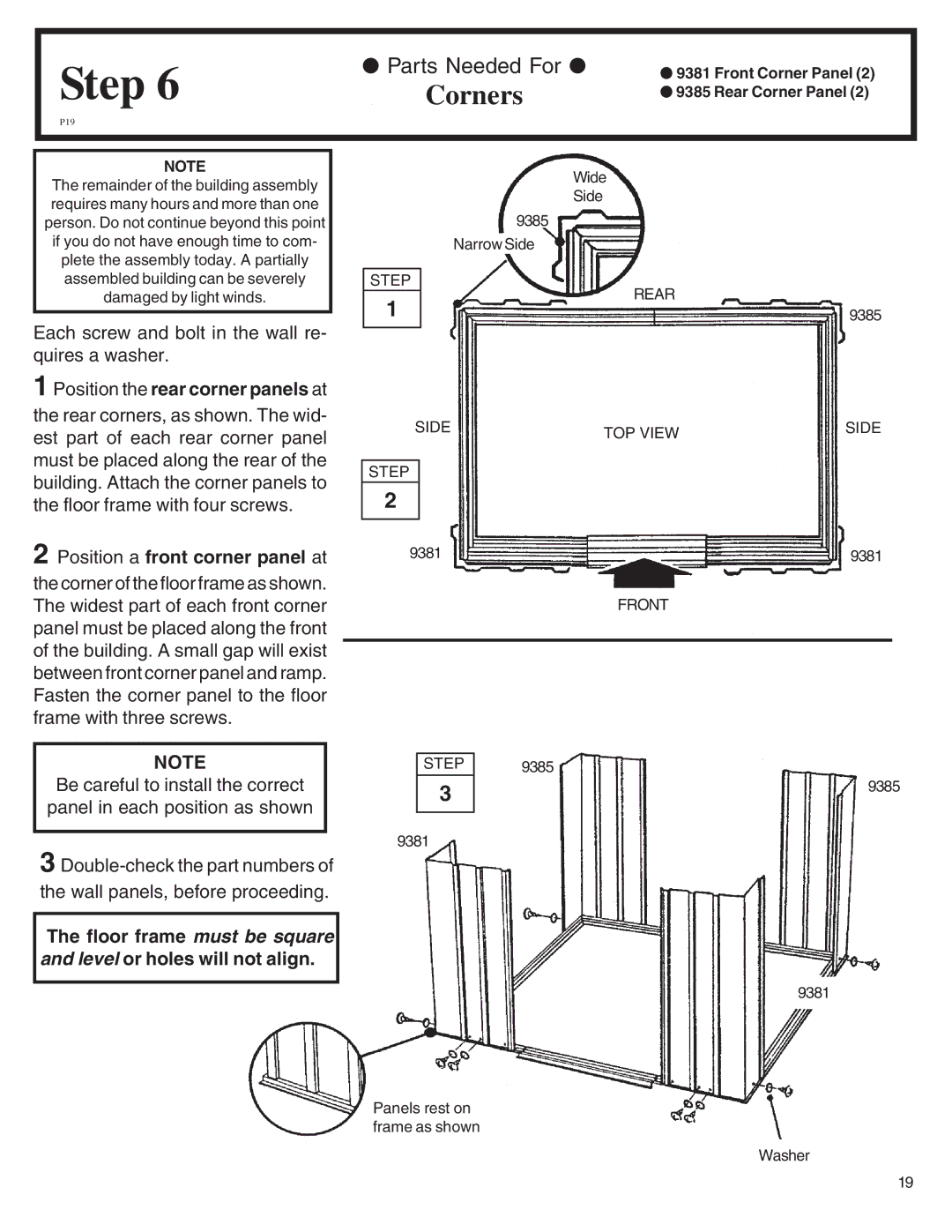 Arrow Plastic SA8662-A, WL86-A, VL8662-A, LM86 Corners, Position the rear corner panels at, Position a front corner panel at 