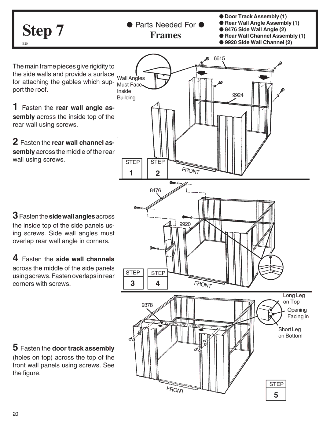 Arrow Plastic ML86-A Frames, Fasten the rear wall angle as, Fasten the rear wall channel as, Fasten the side wall channels 