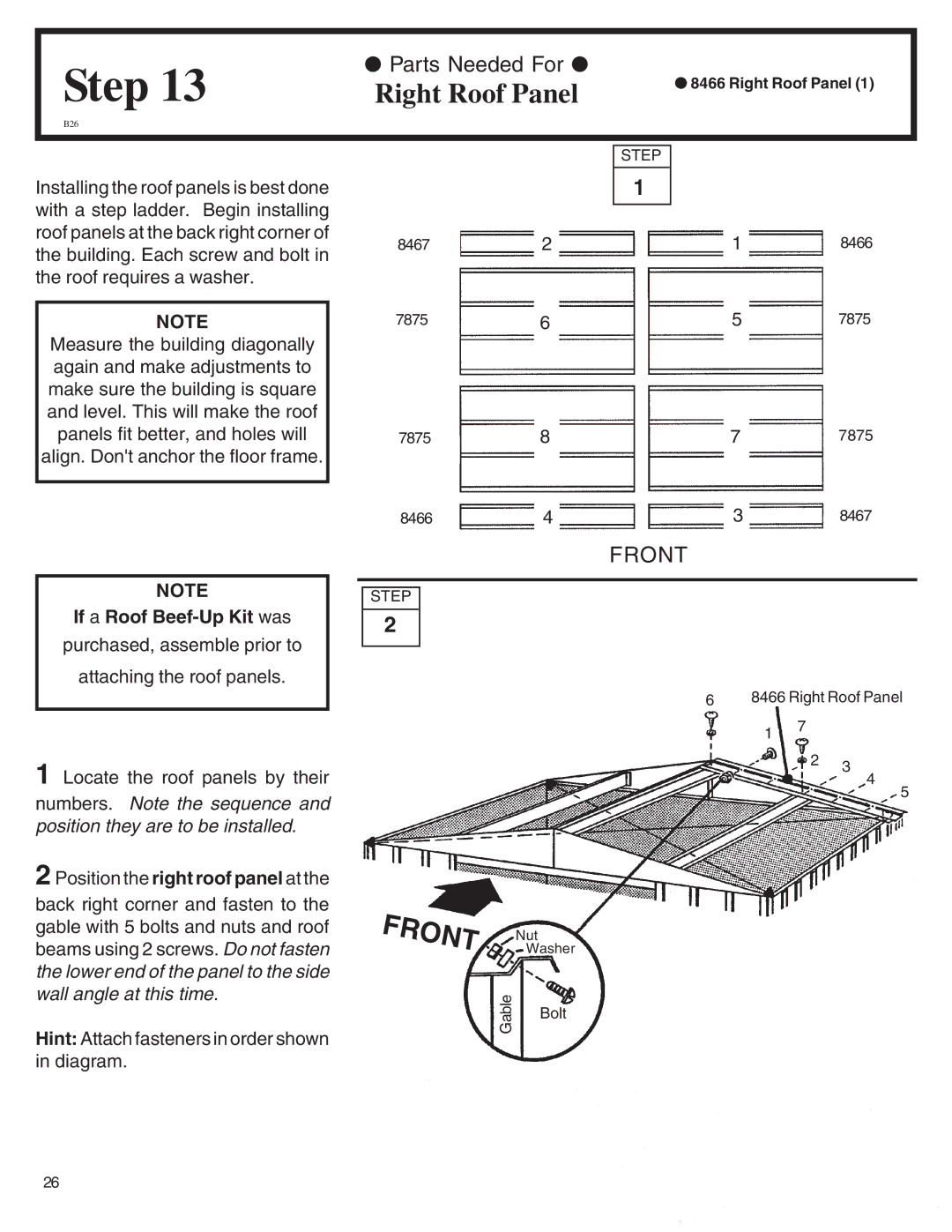 Arrow Plastic SA8662-A, WL86-A, VL8662-A, LM86, EH86S, EH86-A, ML86-A owner manual Right Roof Panel, If a Roof Beef-Up Kit was 