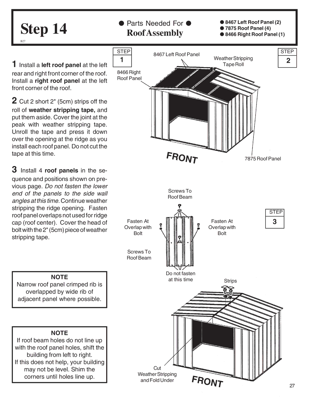 Arrow Plastic ML86-A, WL86-A, VL8662-A, LM86, EH86S, EH86-A, SA8662-A owner manual Front, RoofAssembly 