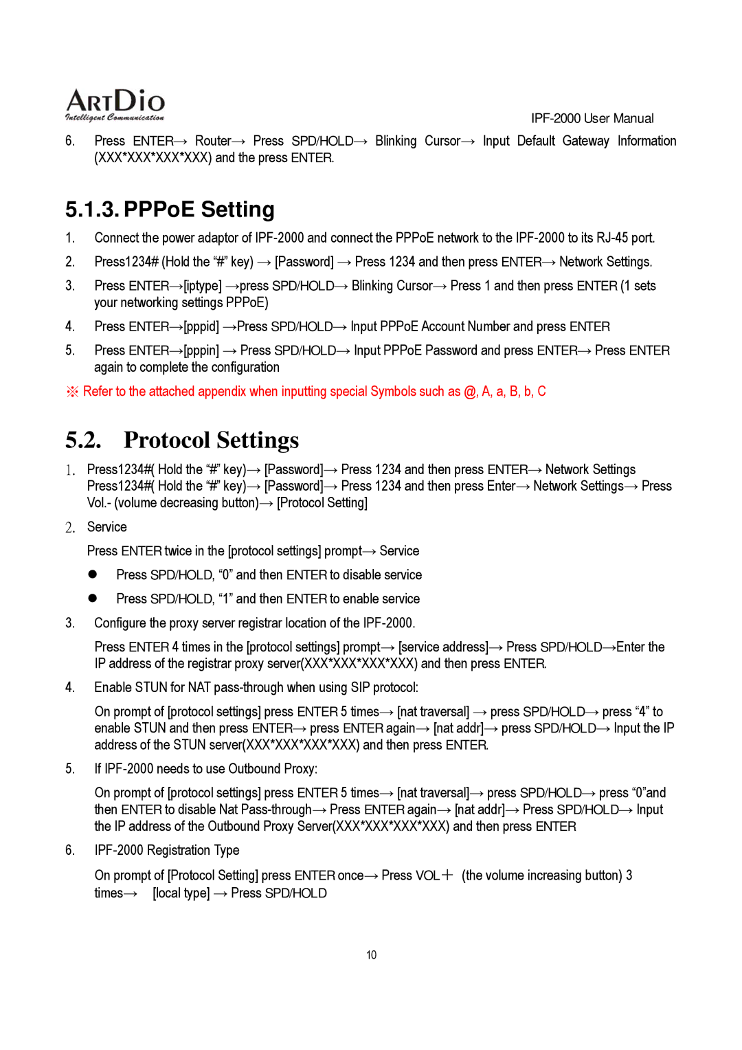 ArtDio IPF-2000 user manual Protocol Settings, PPPoE Setting 