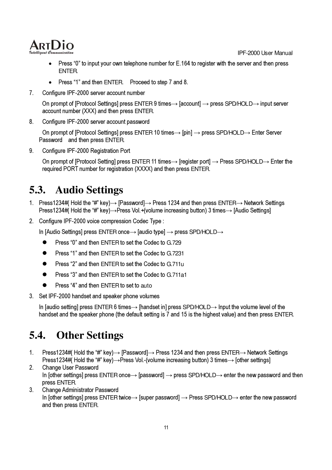 ArtDio user manual Audio Settings, Other Settings, Set IPF-2000 handset and speaker phone volumes 