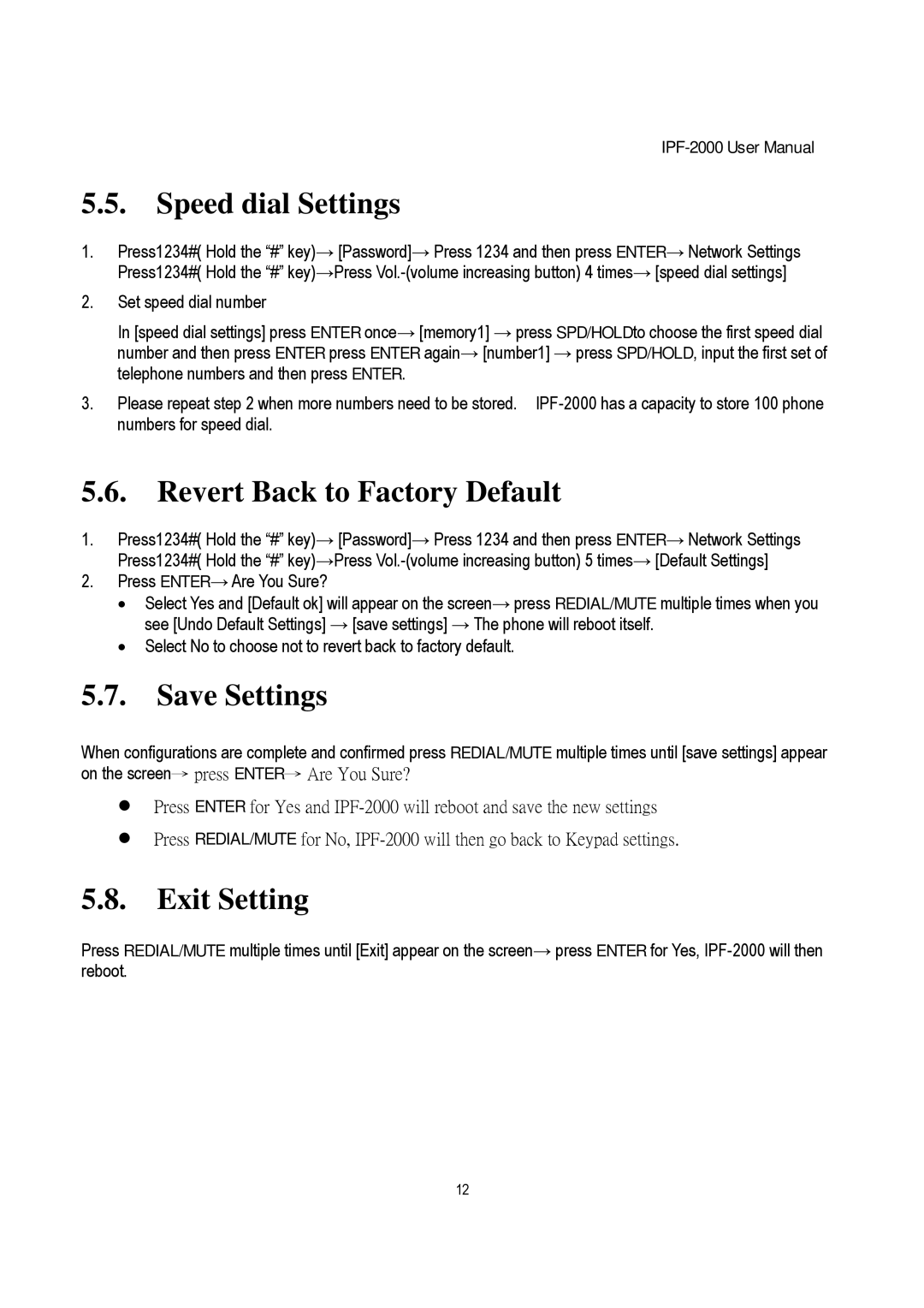 ArtDio IPF-2000 user manual Speed dial Settings, Revert Back to Factory Default, Save Settings, Exit Setting 