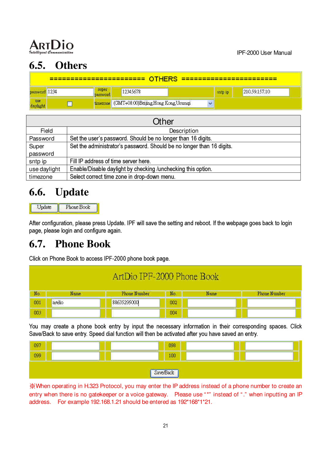 ArtDio IPF-2000 user manual Others, Update, Phone Book 