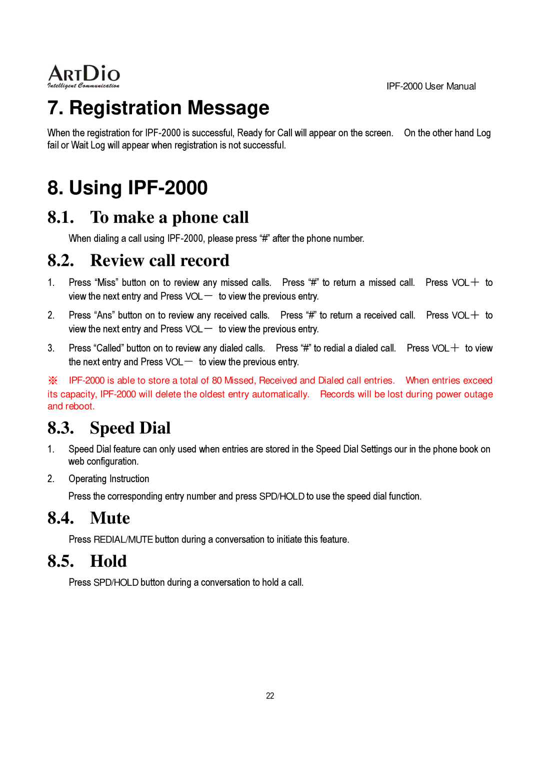 ArtDio user manual Registration Message, Using IPF-2000 