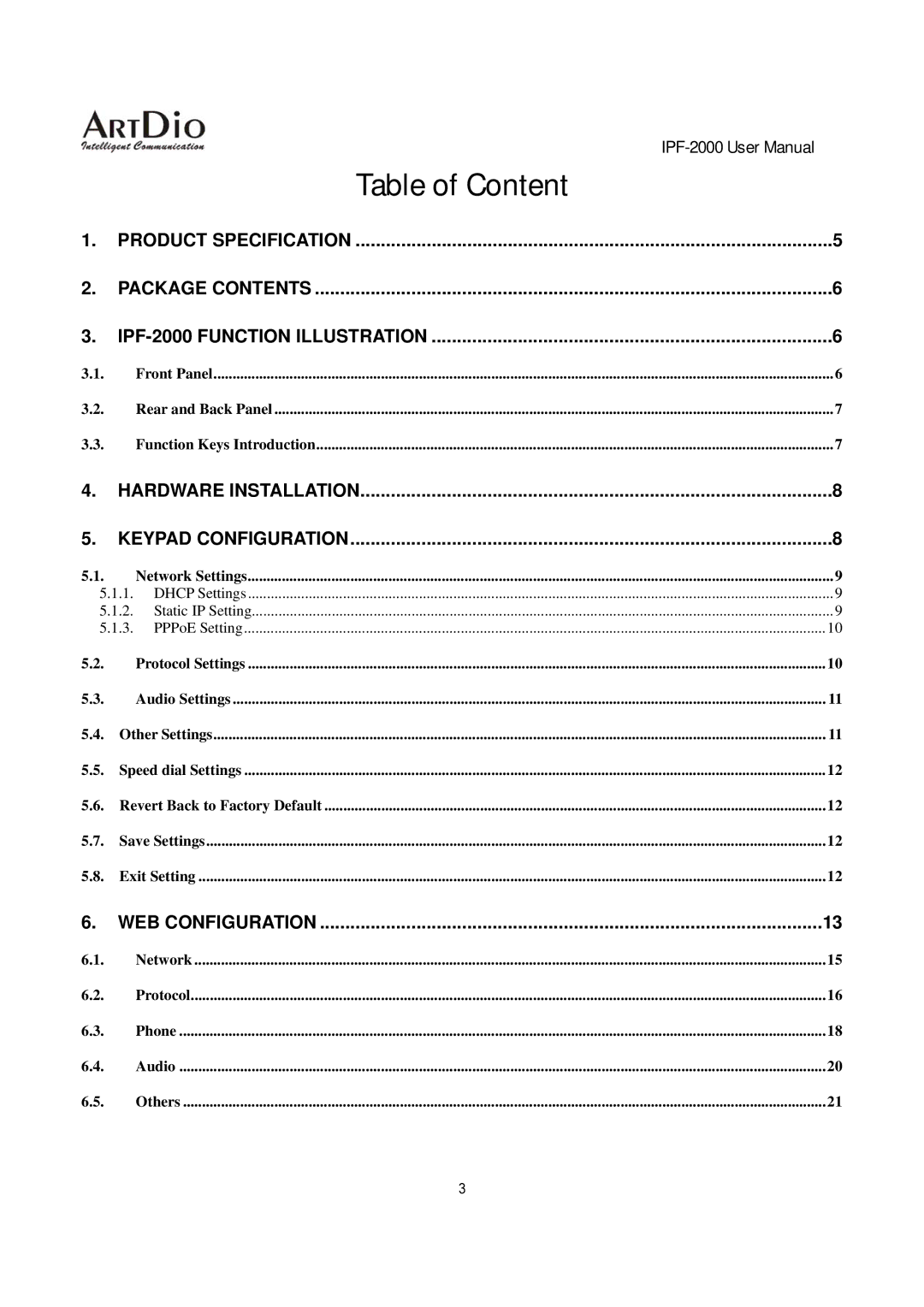 ArtDio IPF-2000 user manual Table of Content, Hardware Installation Keypad Configuration 