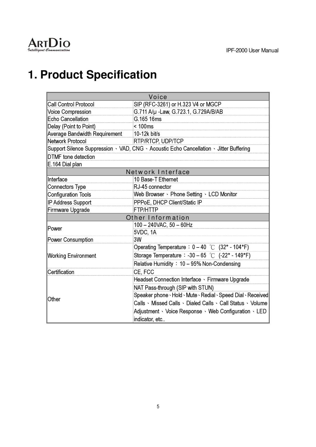 ArtDio IPF-2000 user manual Product Specification 