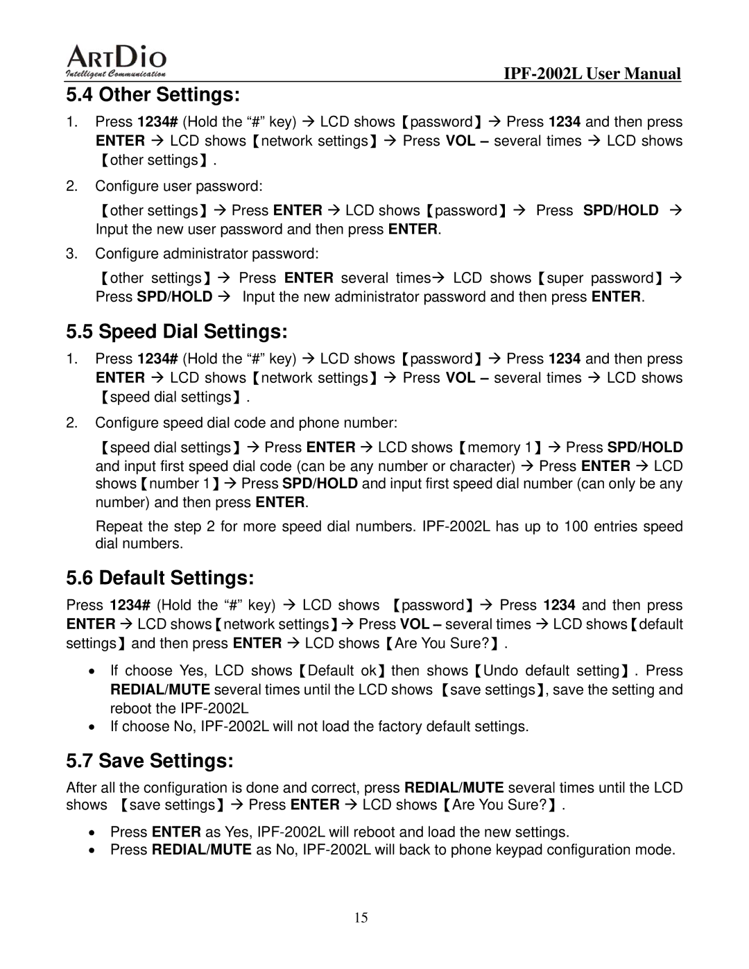 ArtDio IPF-2000L user manual Other Settings, Speed Dial Settings, Default Settings, Save Settings 