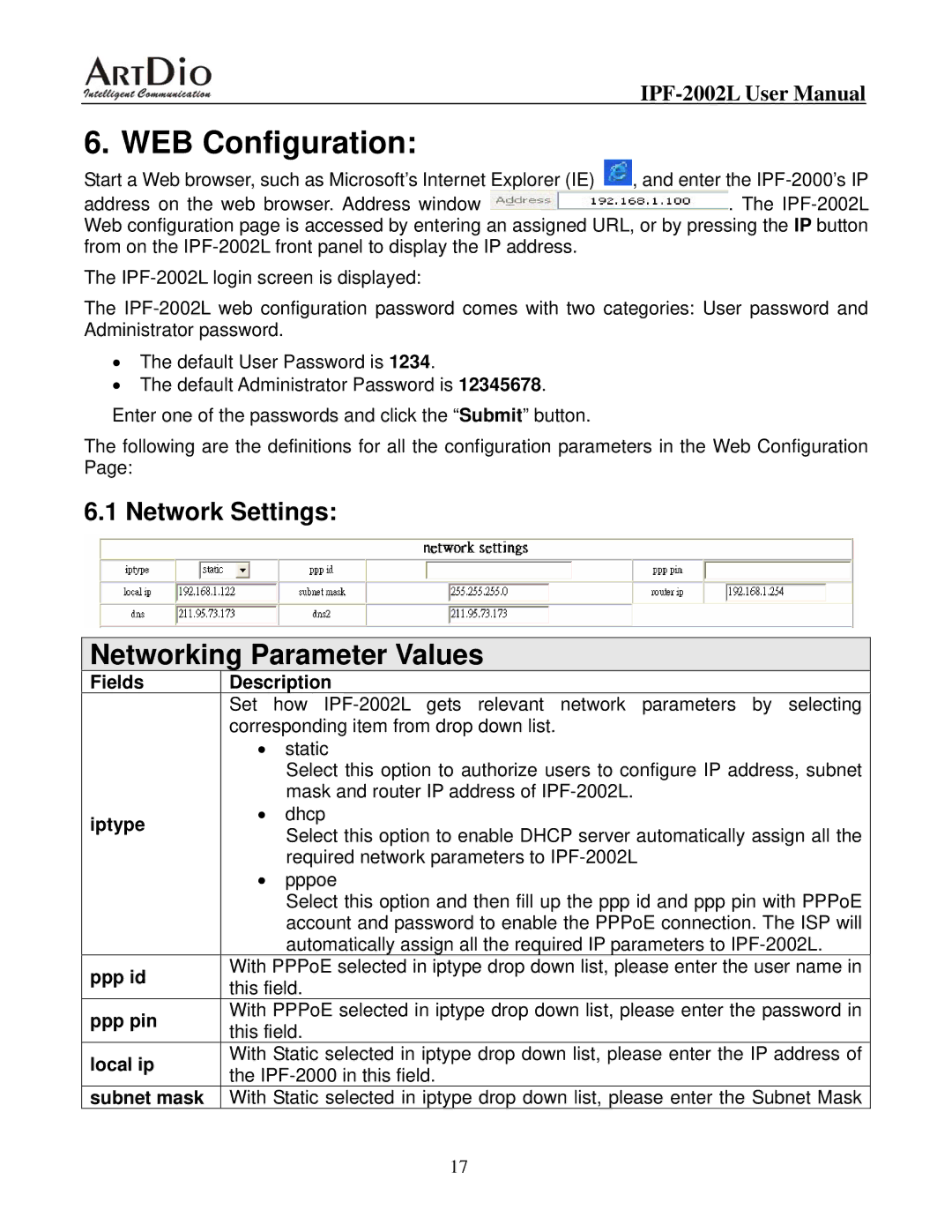 ArtDio IPF-2000L user manual WEB Configuration, Networking Parameter Values 