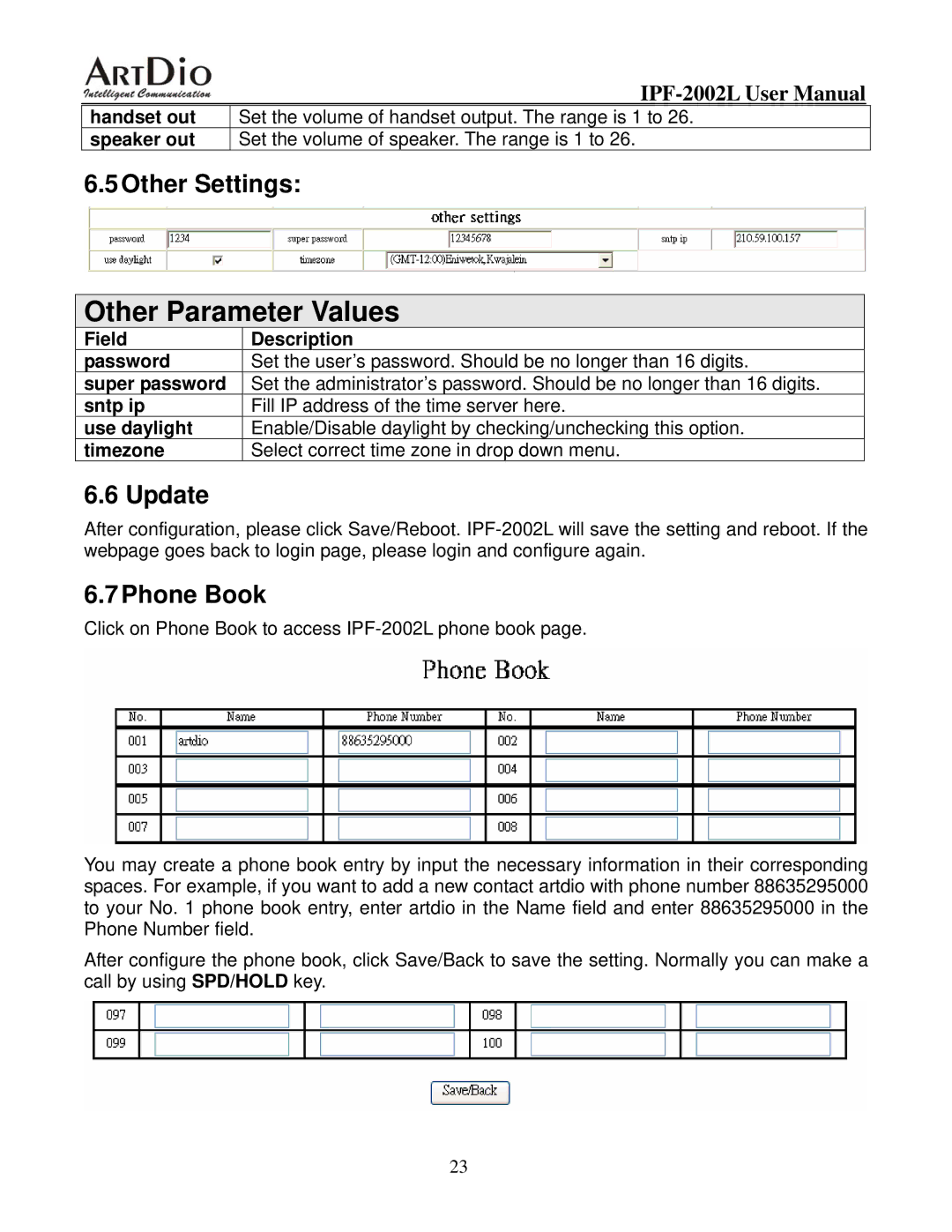 ArtDio IPF-2000L user manual 5Other Settings, Update, 7Phone Book 