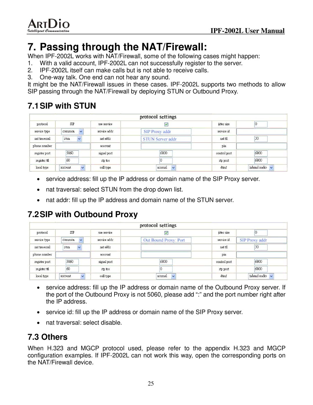 ArtDio IPF-2000L user manual Passing through the NAT/Firewall, 1SIP with Stun, SIP with Outbound Proxy, Others 