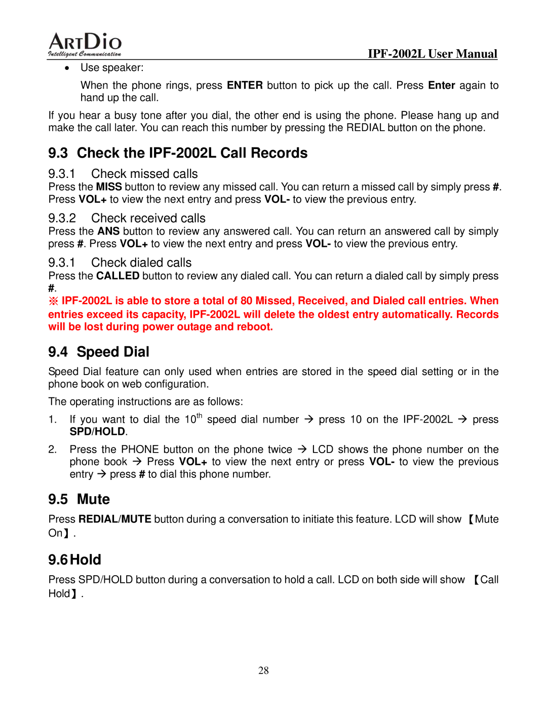 ArtDio IPF-2000L user manual Check the IPF-2002L Call Records, Speed Dial, Mute, 6Hold 