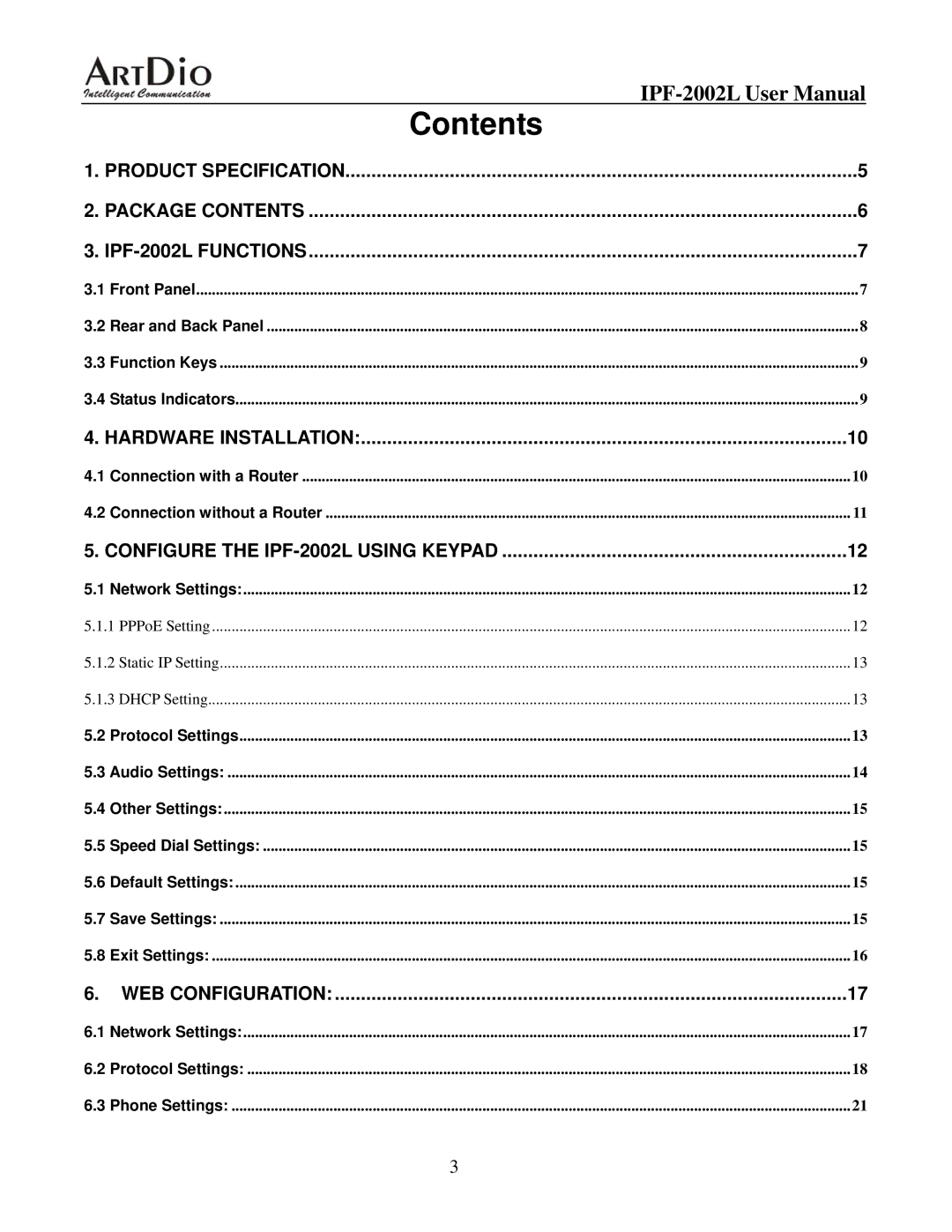 ArtDio IPF-2000L user manual Contents 