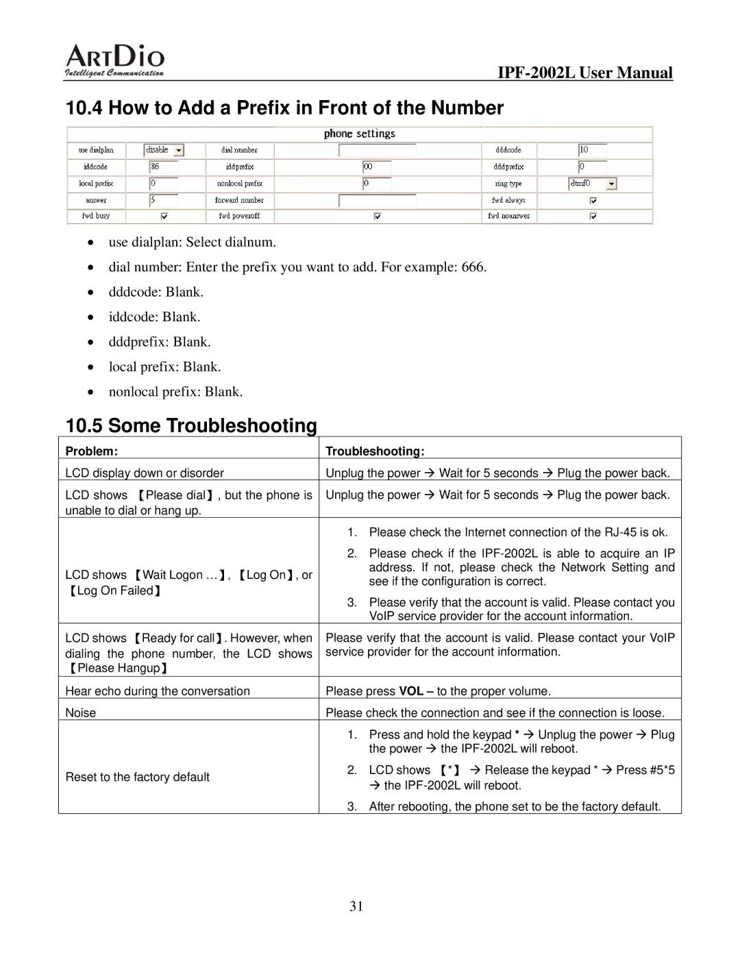 ArtDio IPF-2000L user manual How to Add a Prefix in Front of the Number, Some Troubleshooting 