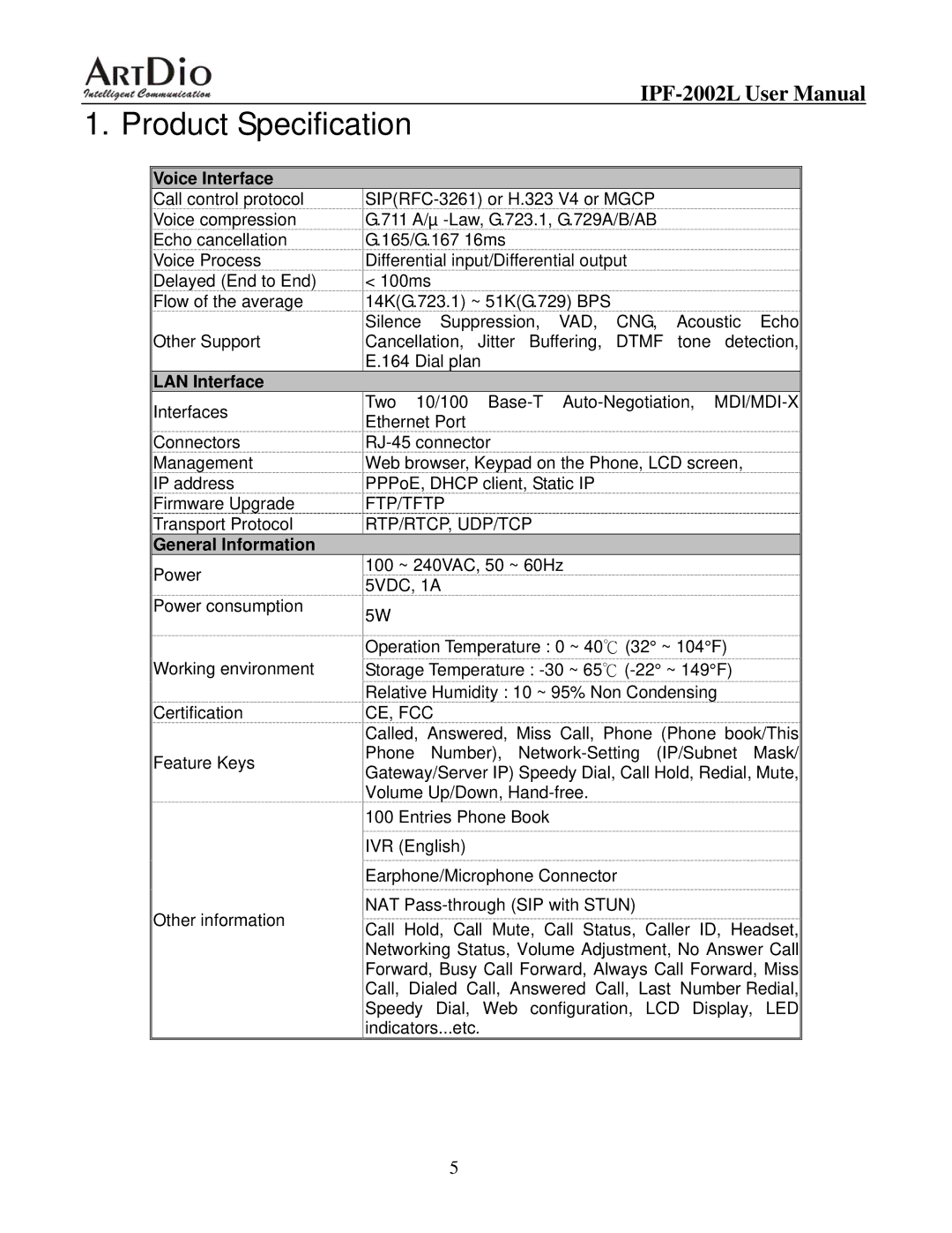 ArtDio IPF-2000L user manual Product Specification 