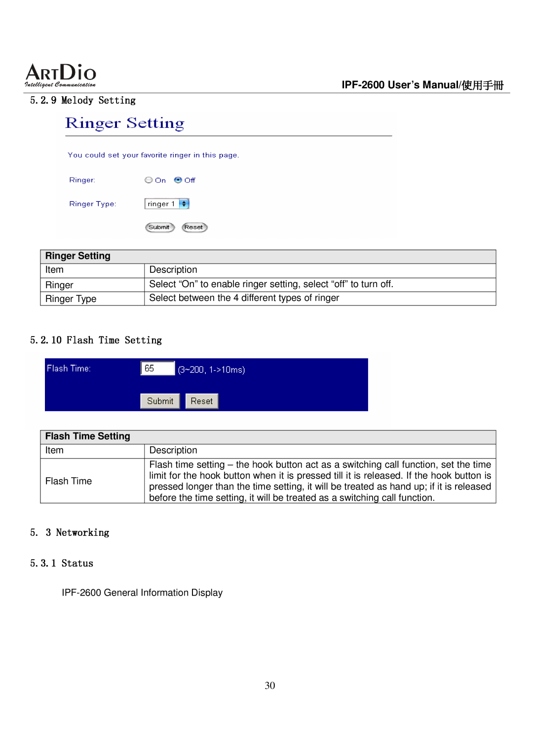 ArtDio IPF-2600 user manual Ringer Setting, Flash Time Setting 