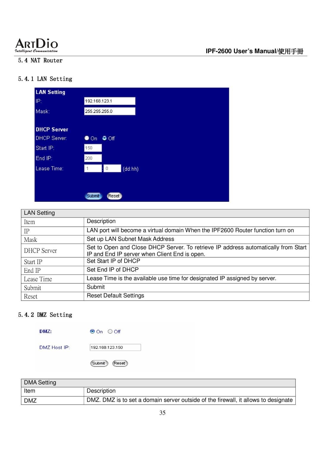 ArtDio IPF-2600 user manual NAT Router, Dmz 