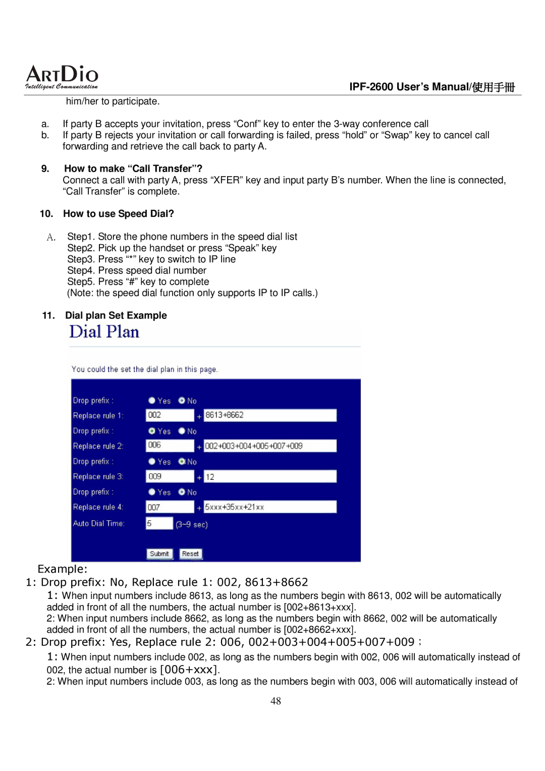 ArtDio IPF-2600 user manual How to make Call Transfer?, How to use Speed Dial?, Dial plan Set Example 