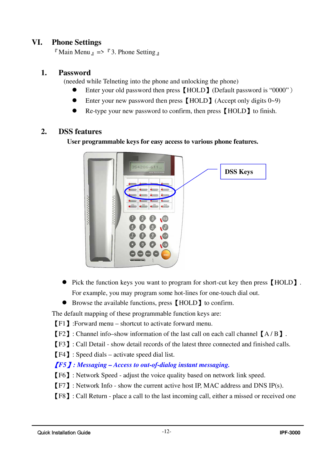 ArtDio IPF-3000 manual VI. Phone Settings, Password, DSS features 