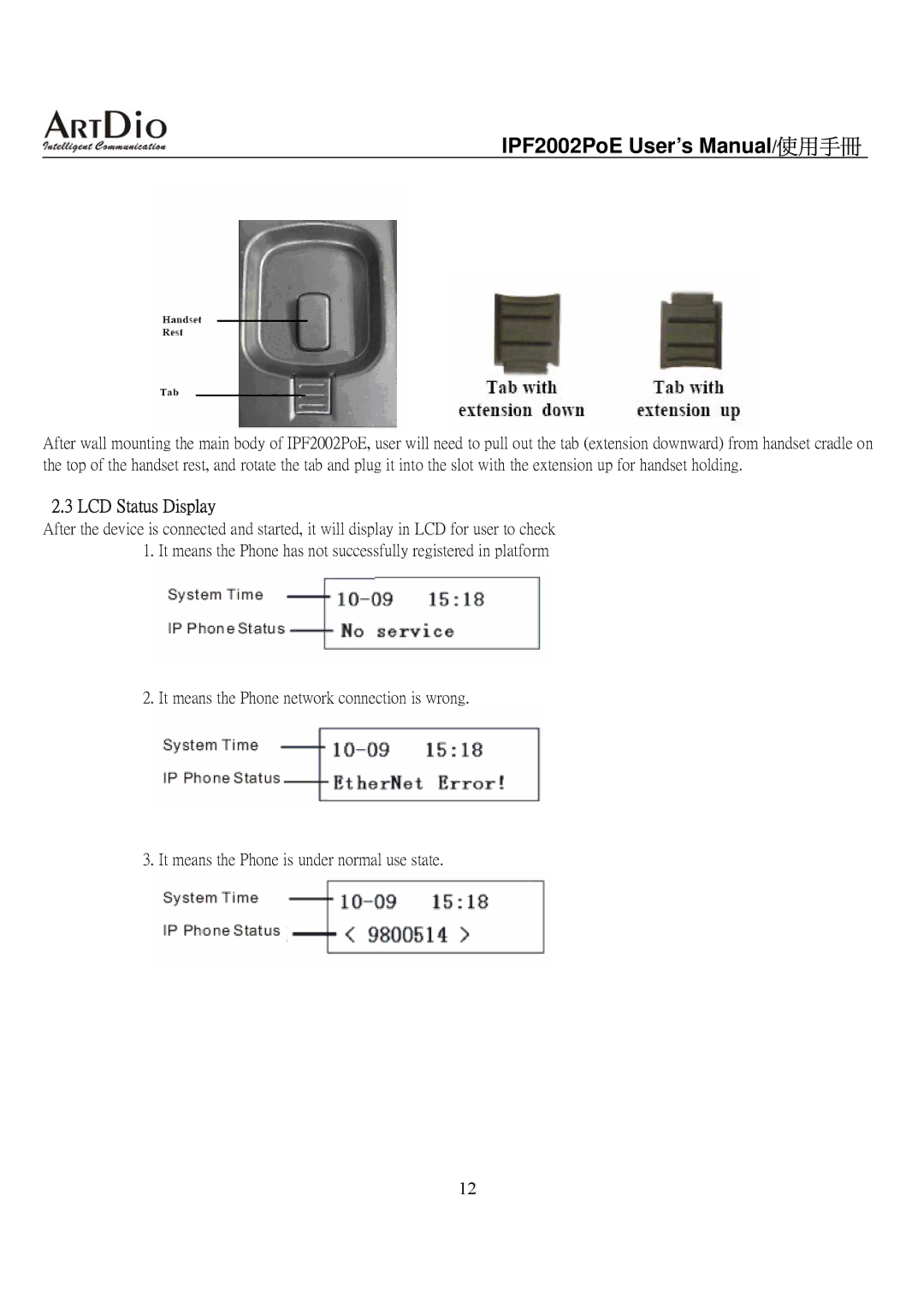 ArtDio IPF2002PoE user manual LCD Status Display 