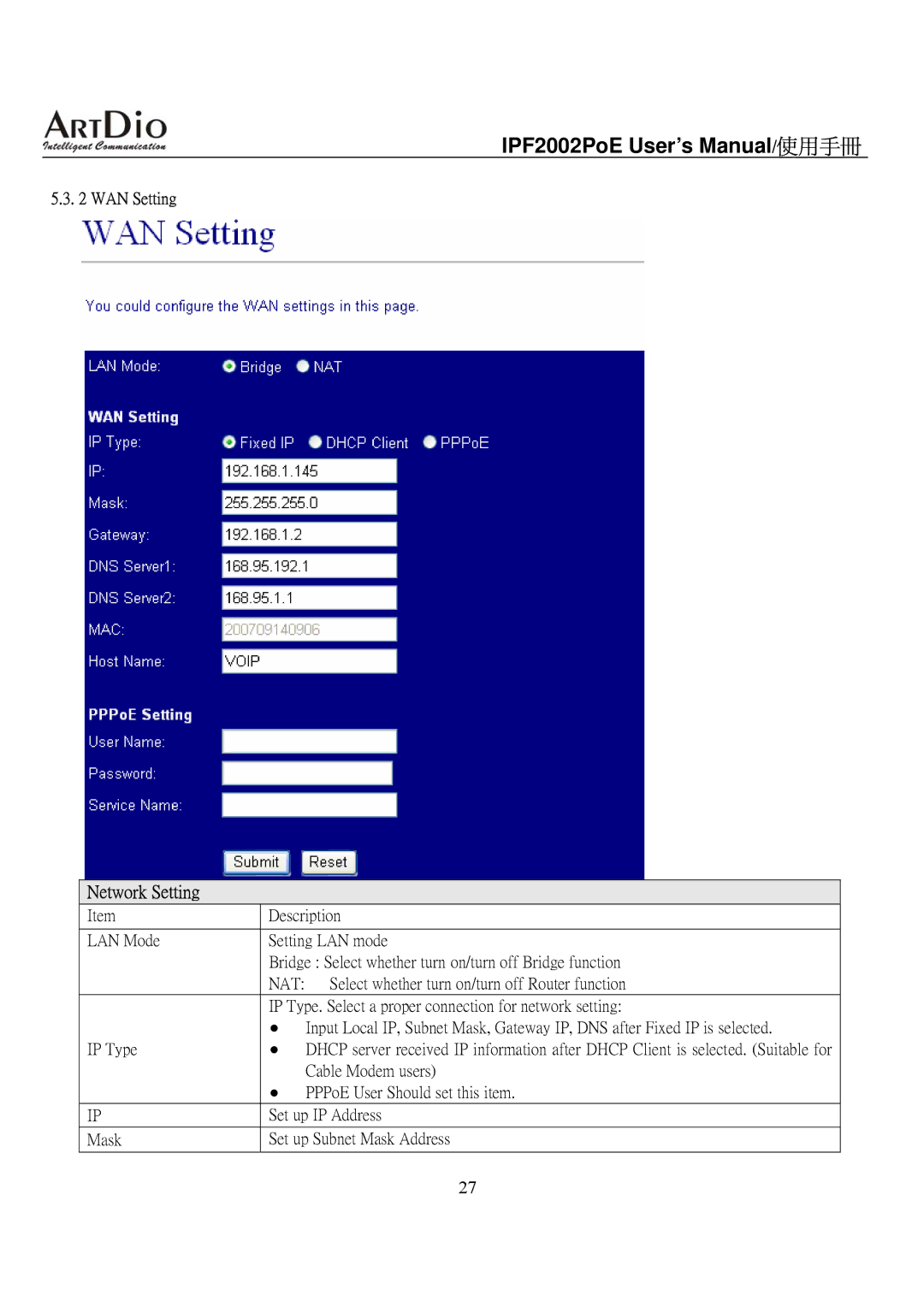 ArtDio IPF2002PoE user manual Network Setting, WAN Setting 